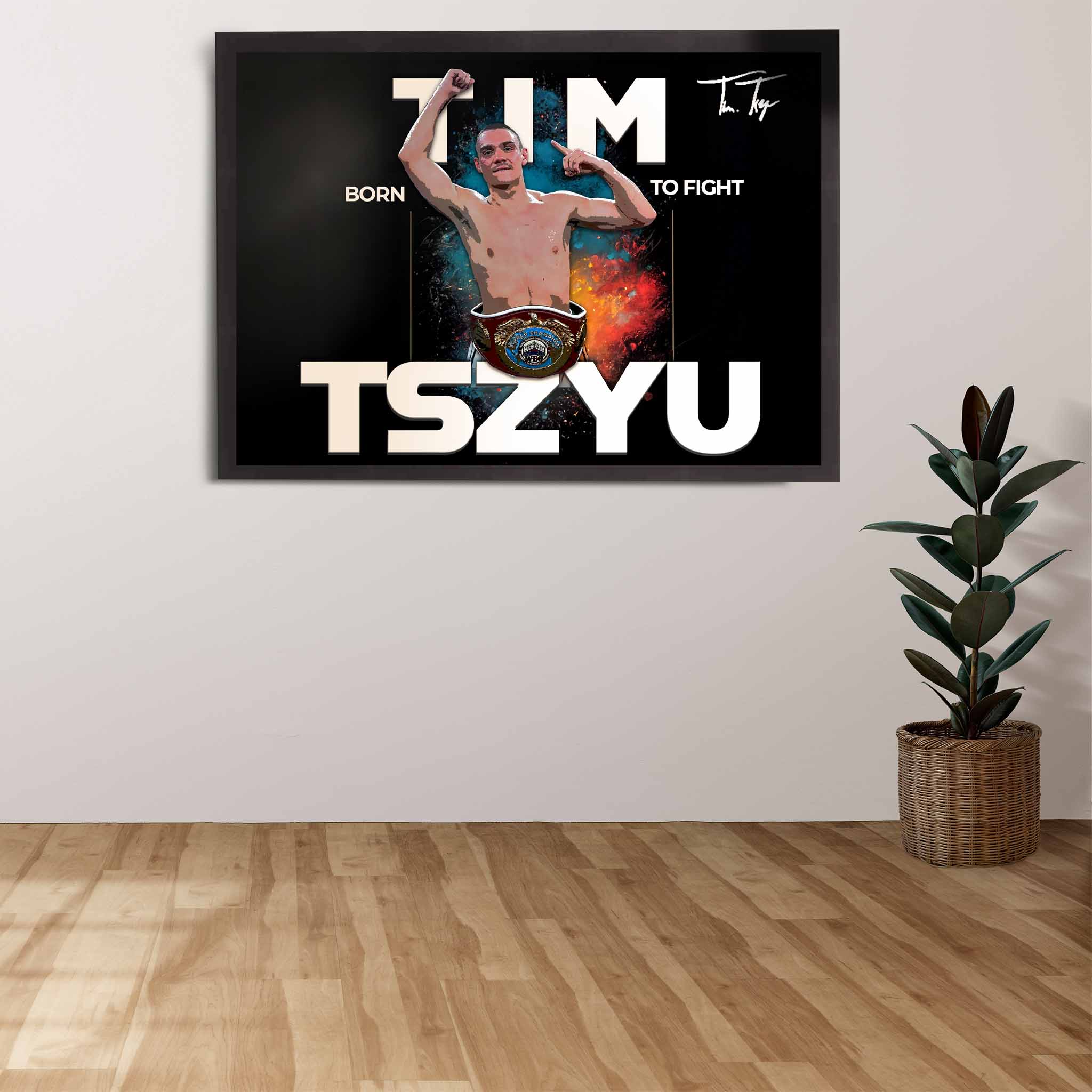 Sports Cave's Tim Tszyu Boxing Tribute Art Poster displayed on a fan's wall, bringing the intensity of the ring into the home.