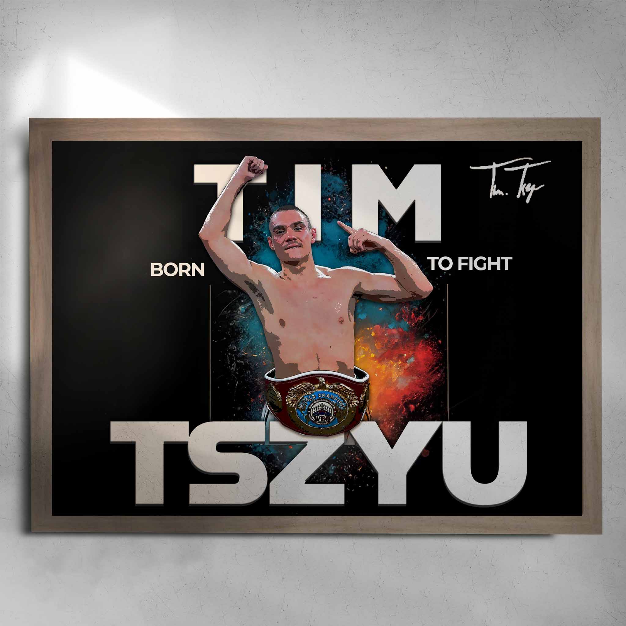 Sports Cave's Tim Tszyu Boxing Tribute Art Poster in a classic oak frame, emphasizing the strength and legacy of the boxing star.