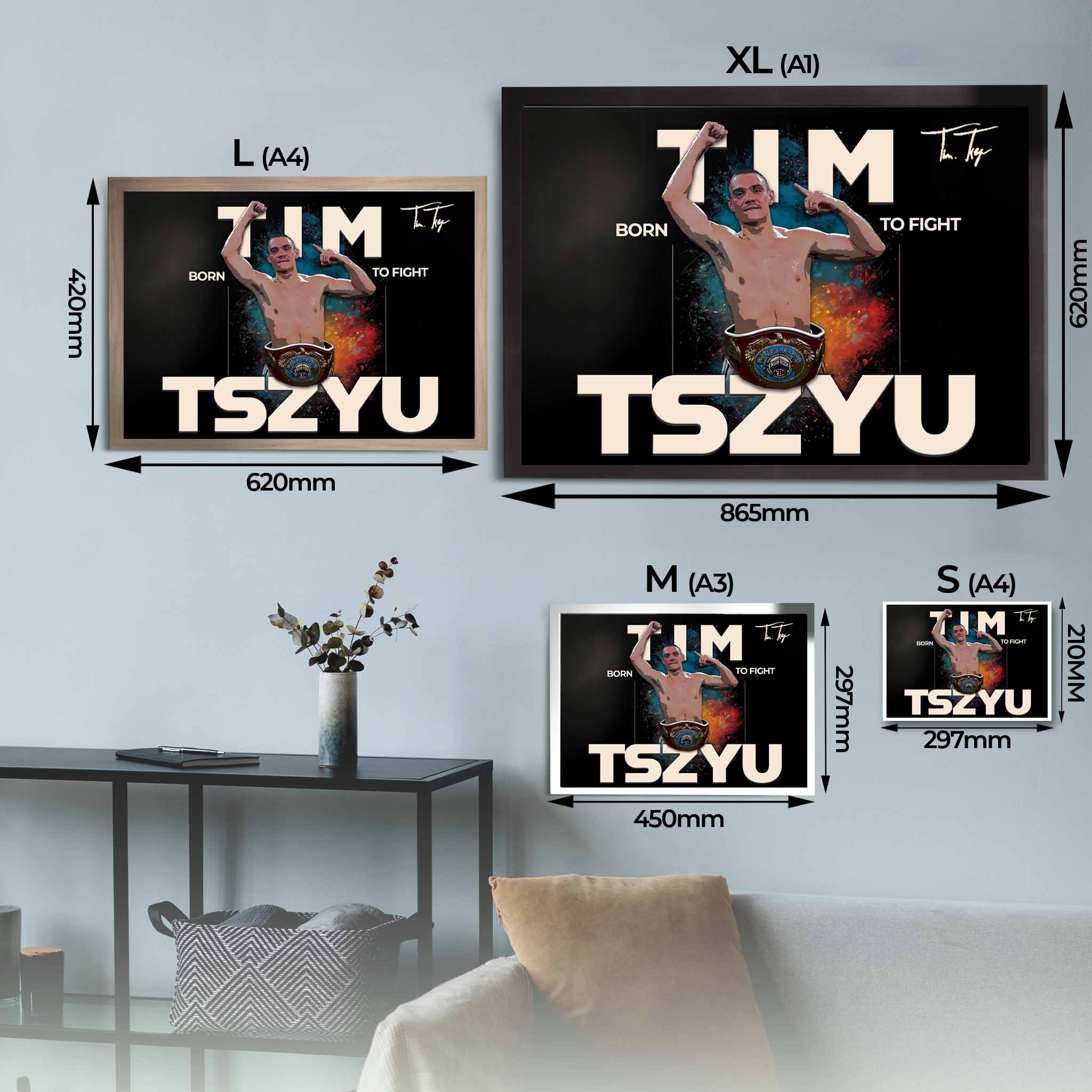 Sports Cave's Tim Tszyu Boxing Tribute Art Poster sizing chart, showcasing available dimensions for the perfect fit in any space.