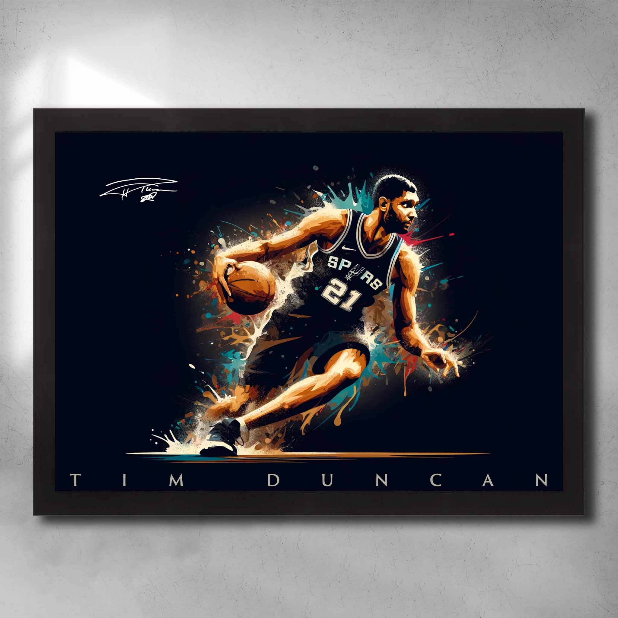 Black framed NBA art by Sports Cave, featuring basketball legend Tim Duncan from the Antonio Spurs.