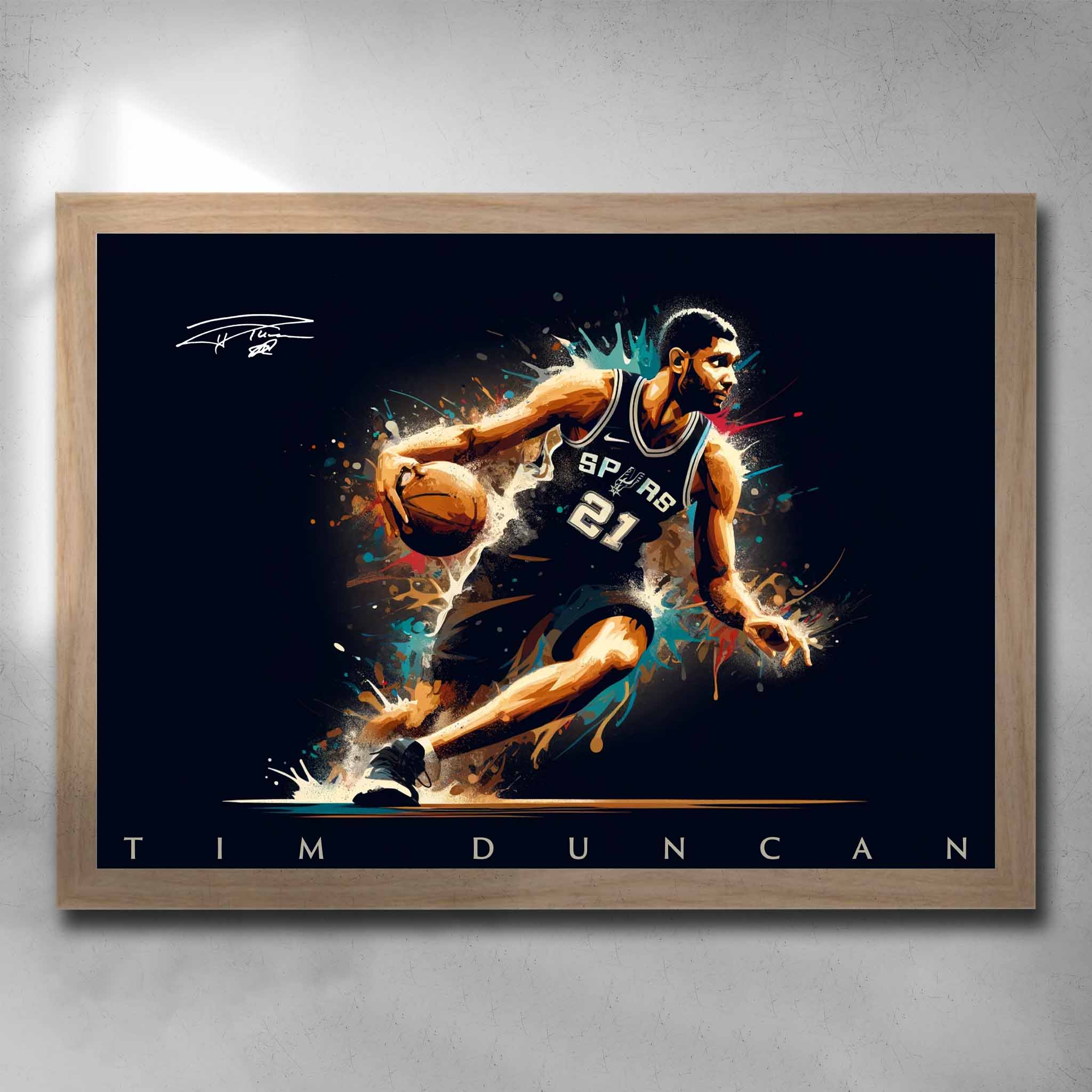 Oak framed NBA art by Sports Cave, featuring basketball legend Tim Duncan from the Antonio Spurs.