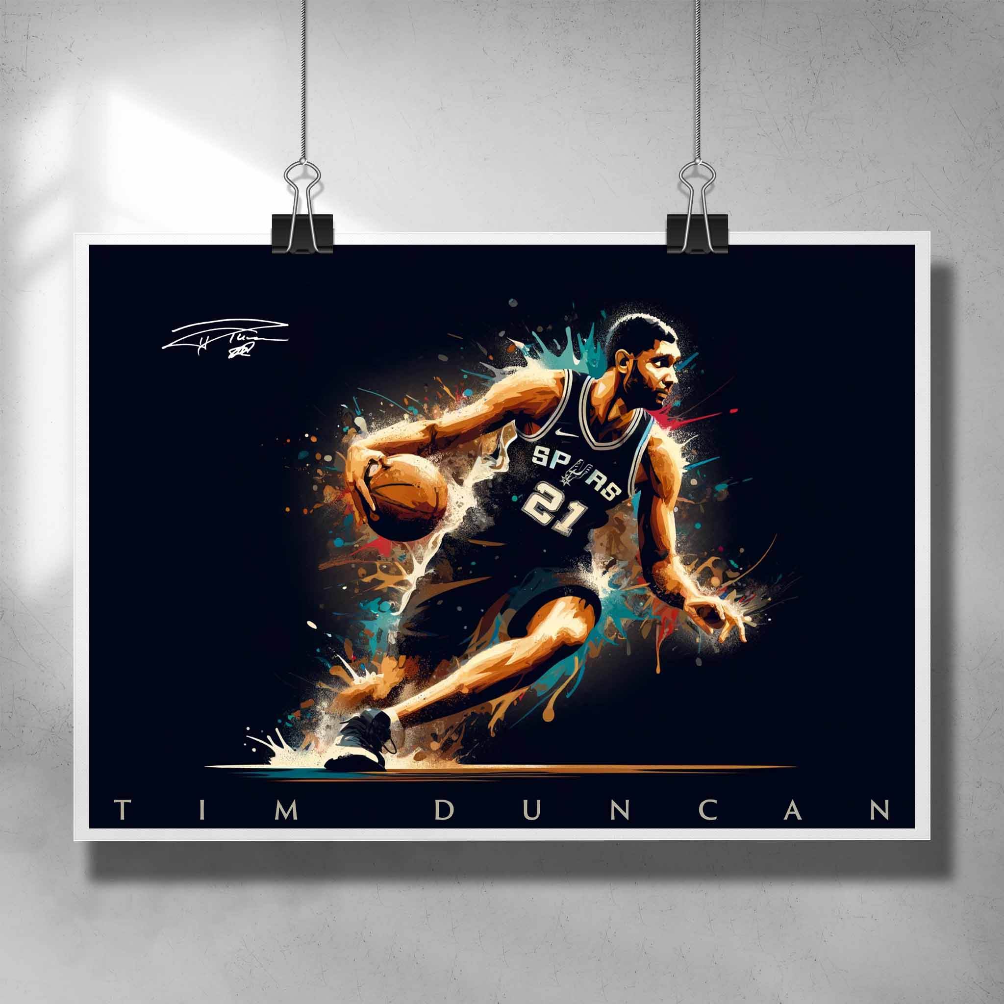 Unique NBA poster by Sports Cave, featuring basketball legend Tim Duncan from the Antonio Spurs.