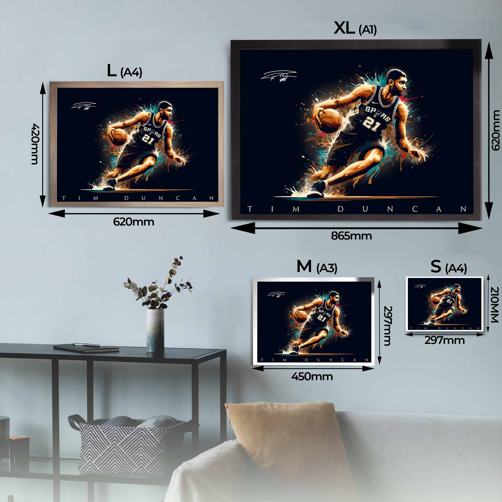 Visual representation of Tim Duncan framed art size options, ranging from A4 to A2, for selecting the right size for your space.