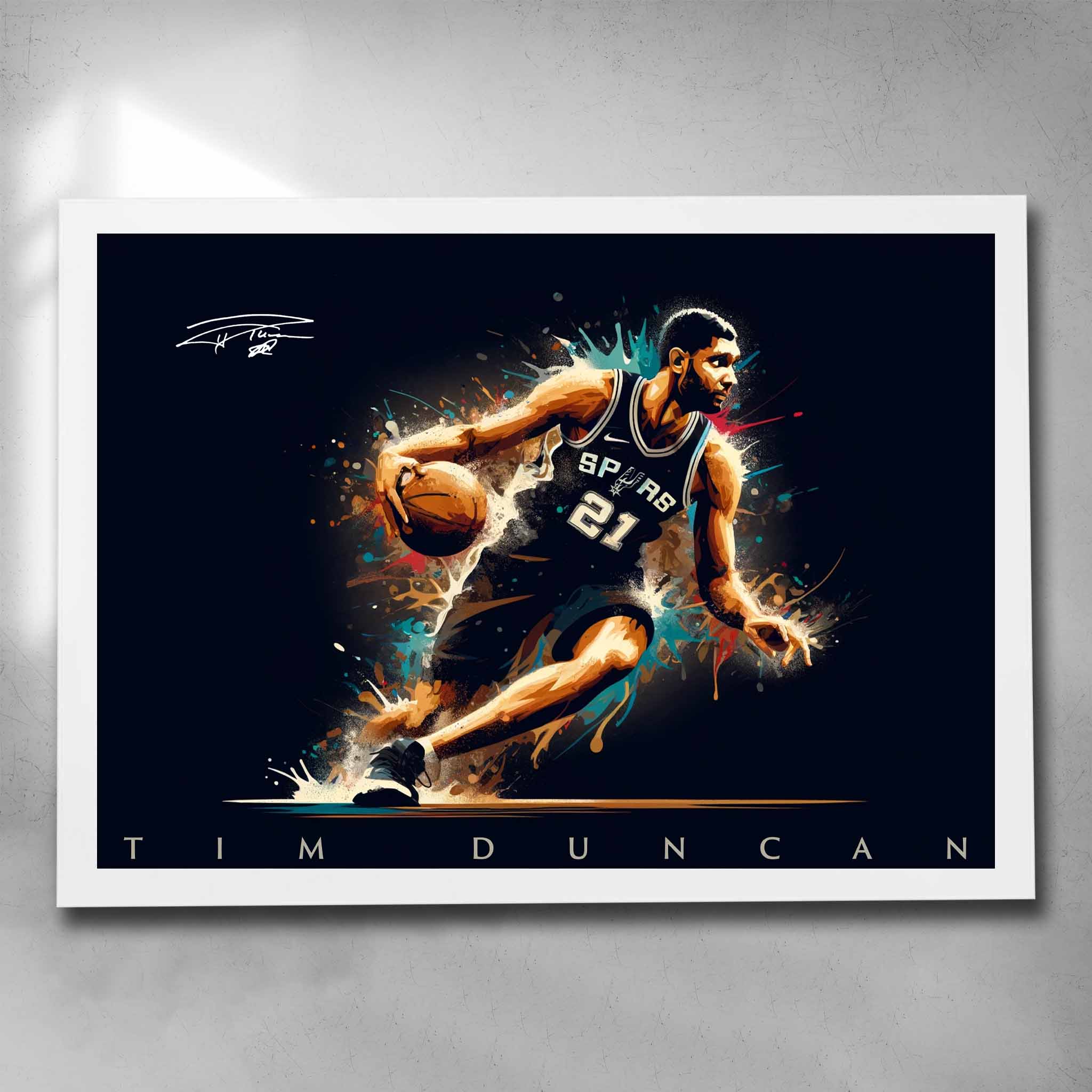 White framed NBA art by Sports Cave, featuring basketball legend Tim Duncan from the Antonio Spurs.