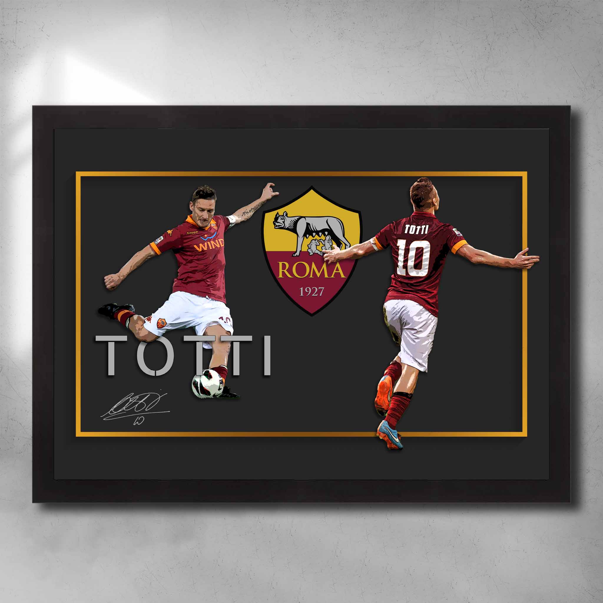 Black framed soccer art by Sports Cave, featuring Francesco Totti from Roma FC signed artwork.