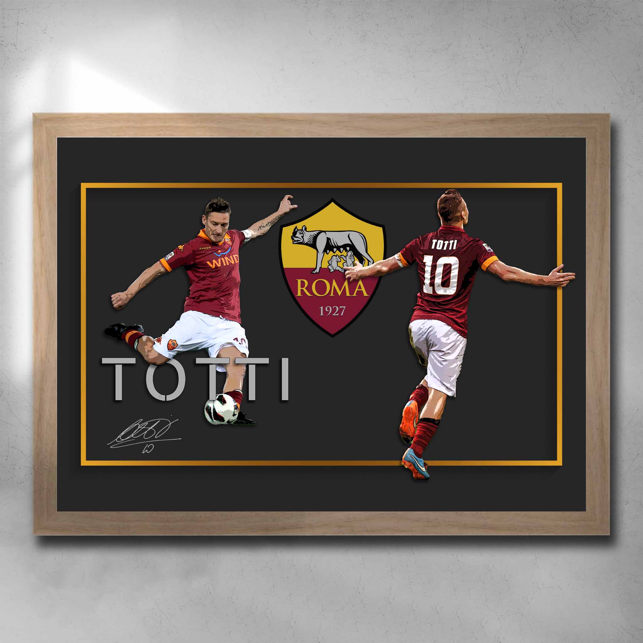 Rustic oak framed soccer art by Sports Cave, featuring Francesco Totti from Roma FC signed artwork.