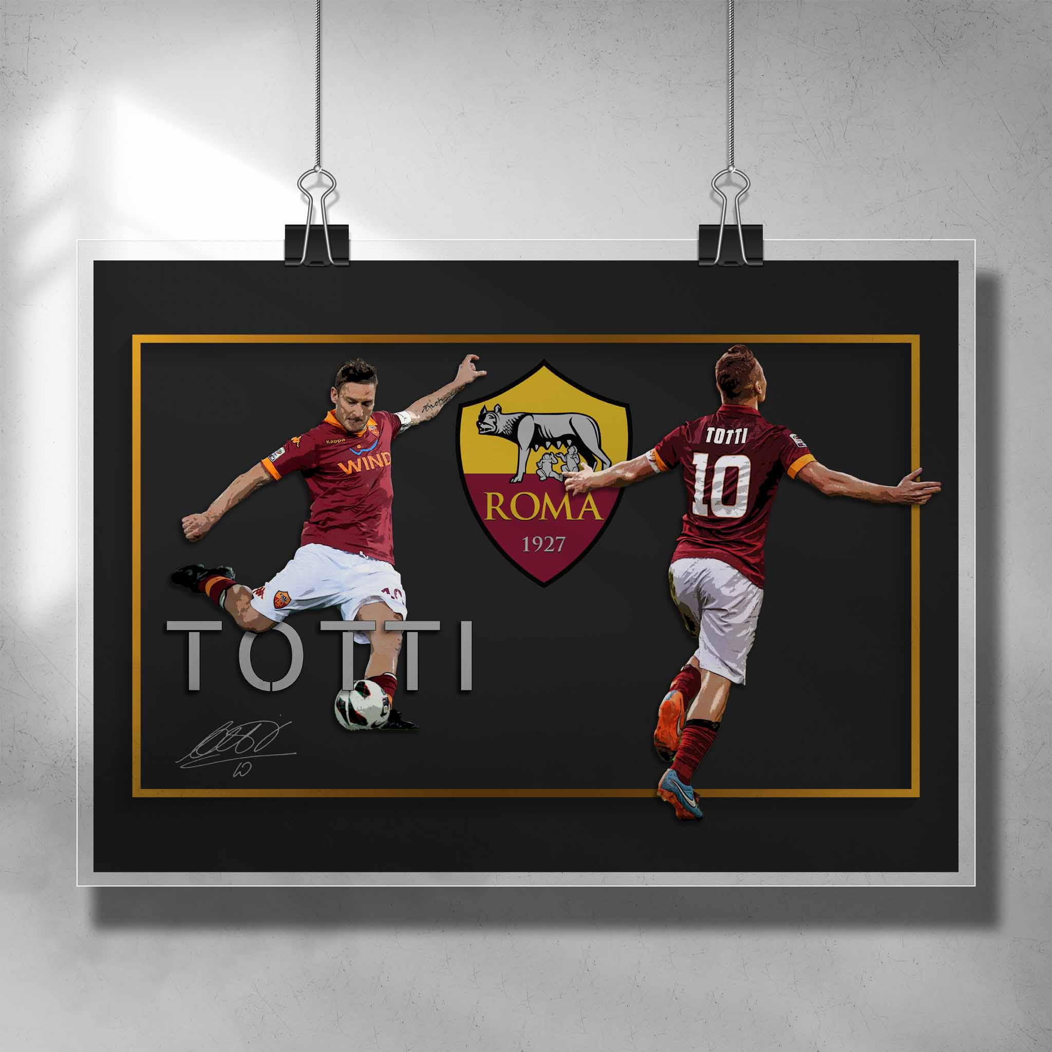 Soccer poster art by Sports Cave, featuring Francesco Totti from Roma FC signed.