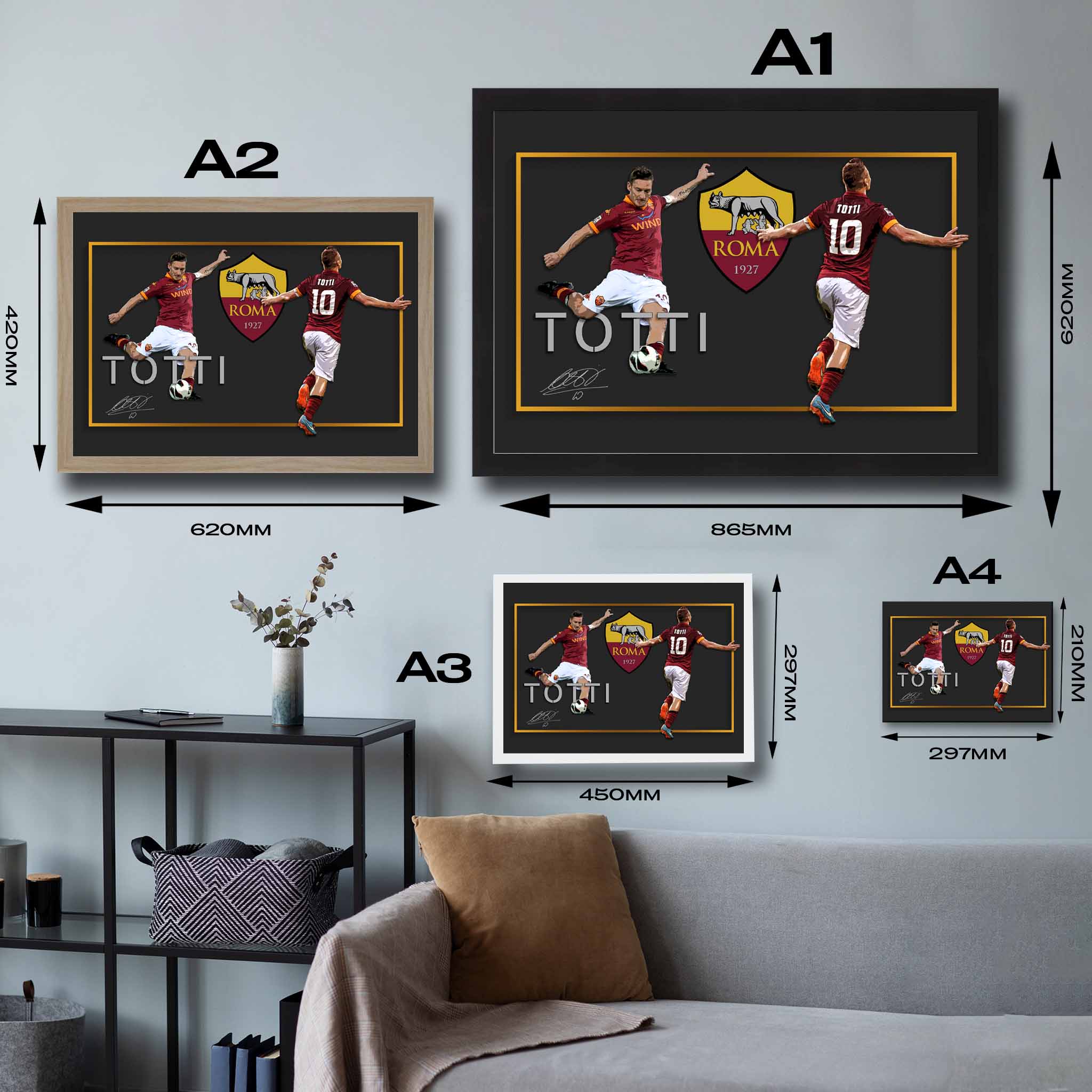 Visual representation of Francesco Totti framed art size options, ranging from A4 to A2, to assist customers in selecting the right size for their space and preferences.