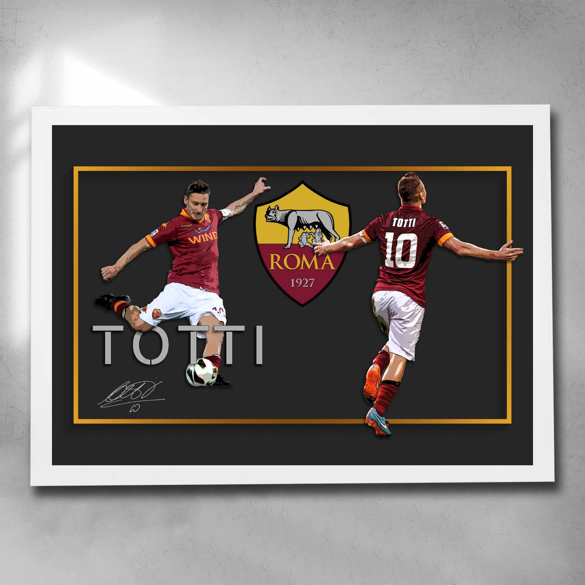 Elegant white framed soccer art by Sports Cave, featuring Francesco Totti from Roma FC signed artwork.