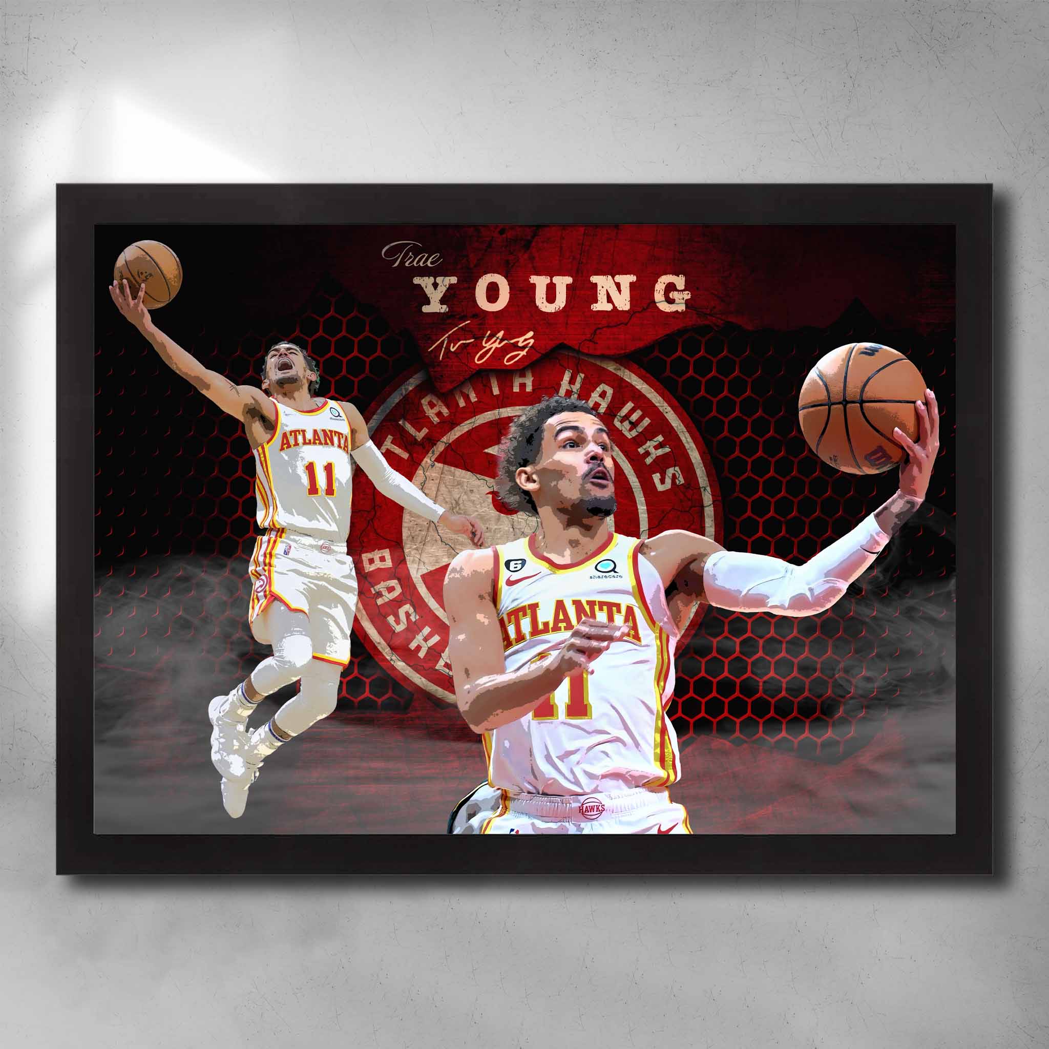 Black framed NBA art by Sports Cave, featuring Trae Young from the Atlantic Hawkes.