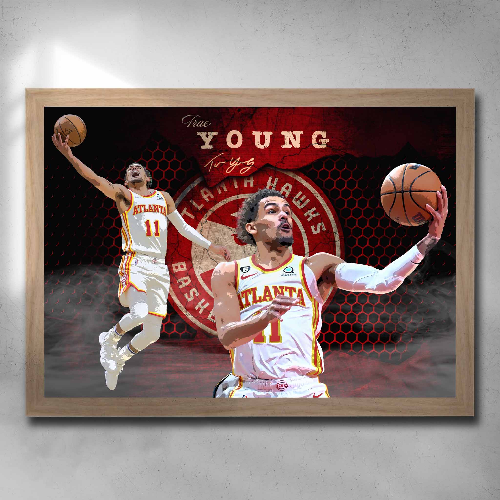 Oak framed NBA art by Sports Cave, featuring Trae Young from the Atlantic Hawkes.