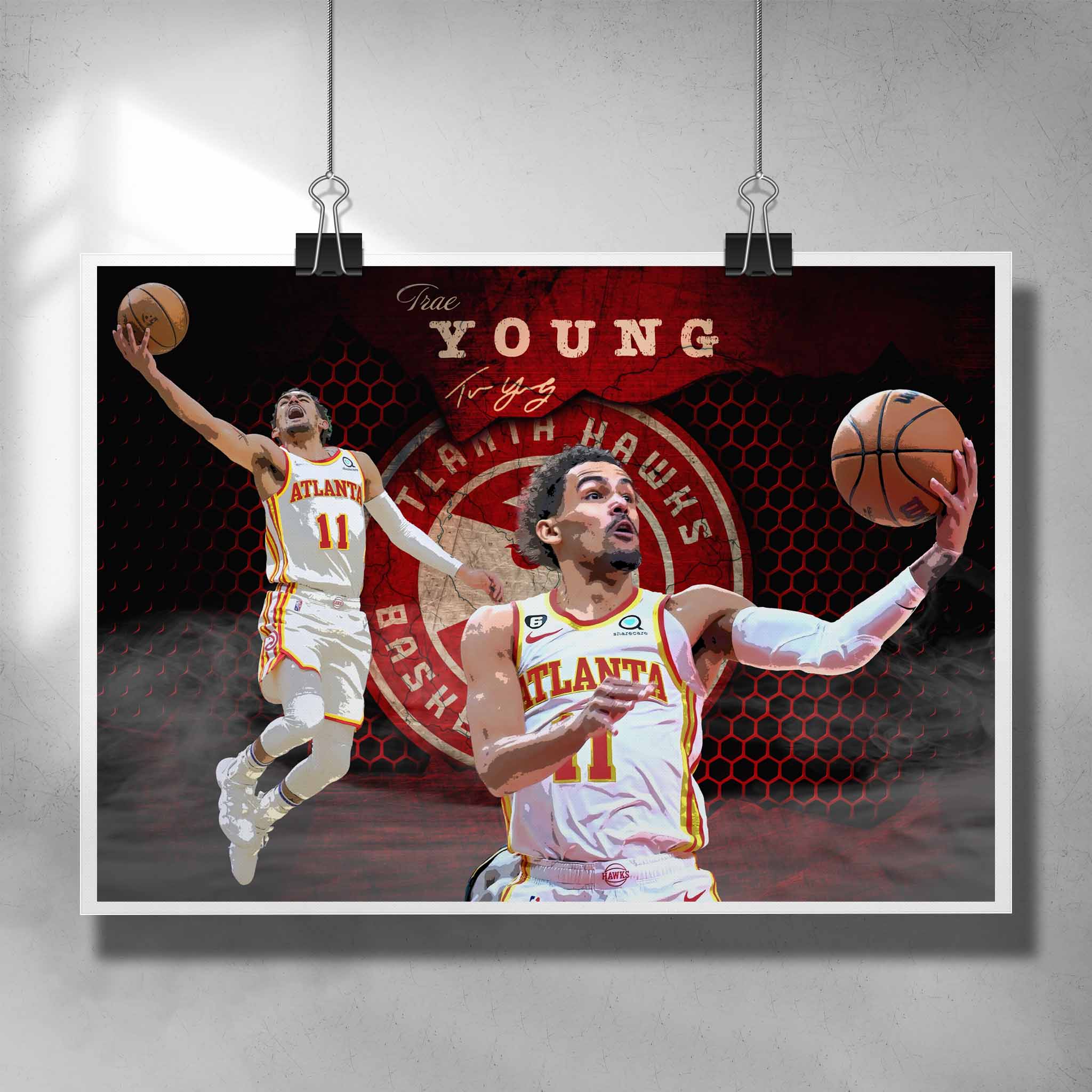 Unique NBA poster by Sports Cave, featuring Trae Young from the Atlantic Hawkes.