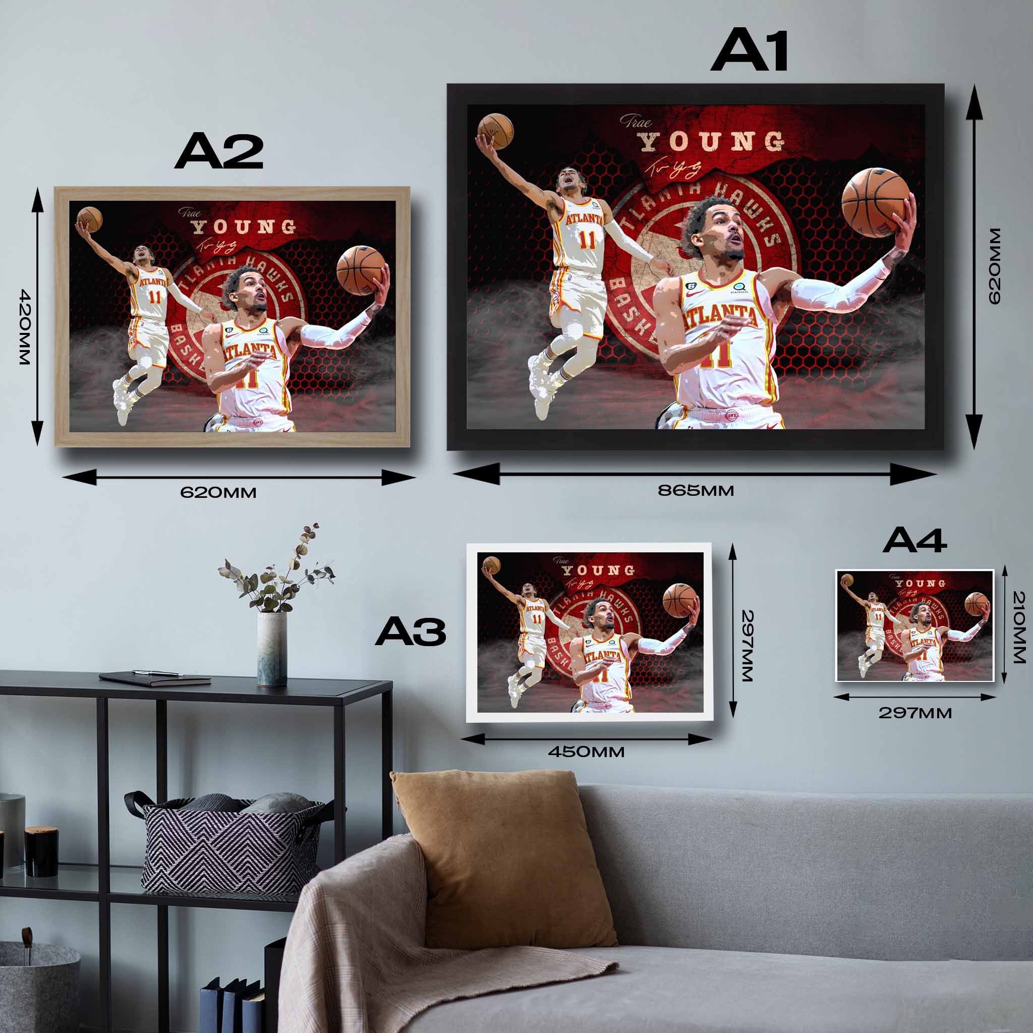 Visual representation of Trae Young framed art size options, ranging from A4 to A2, for selecting the right size for your space.