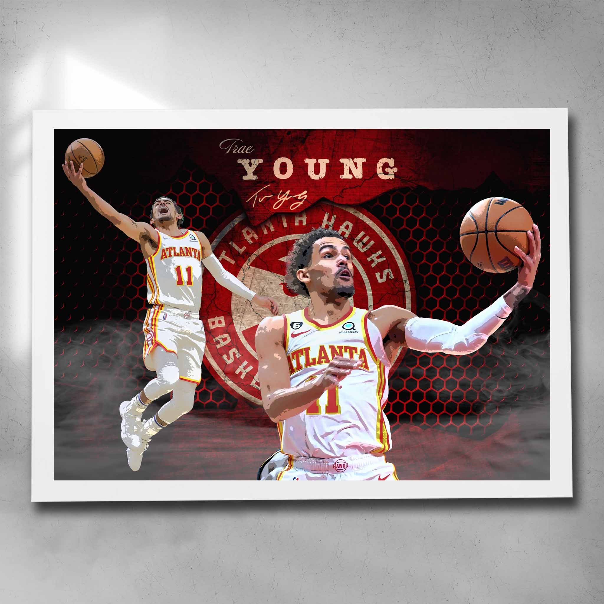 White framed NBA art by Sports Cave, featuring Trae Young from the Atlantic Hawkes.