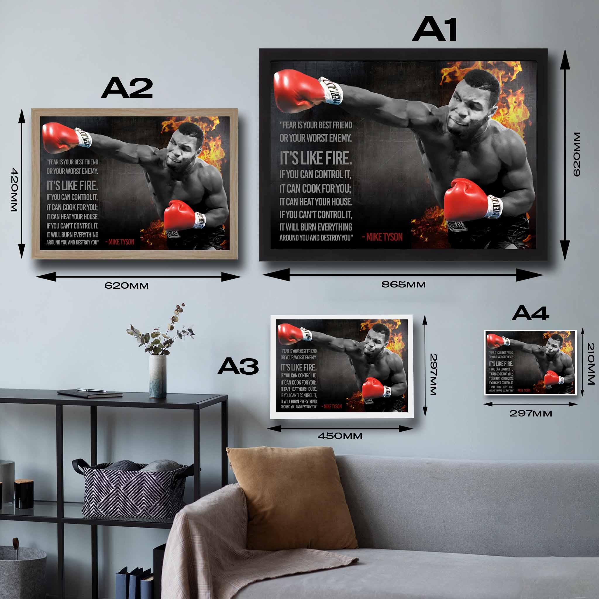 Visual representation of Mike Tyson motivational framed art size options, ranging from A4 to A2, for selecting the right size for your space.