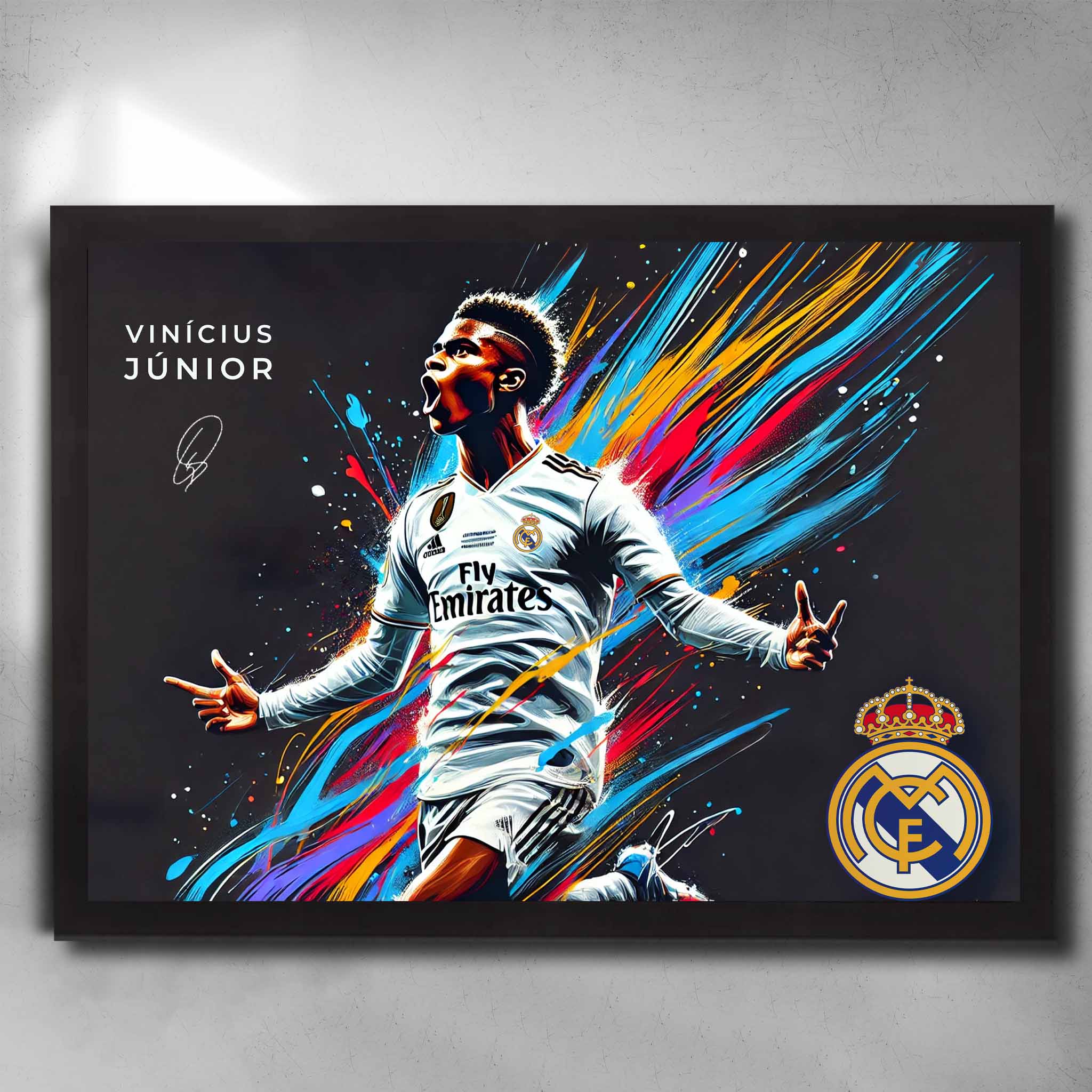 Black framed Vinicius Junior Real Madrid Art by Sports Cave.