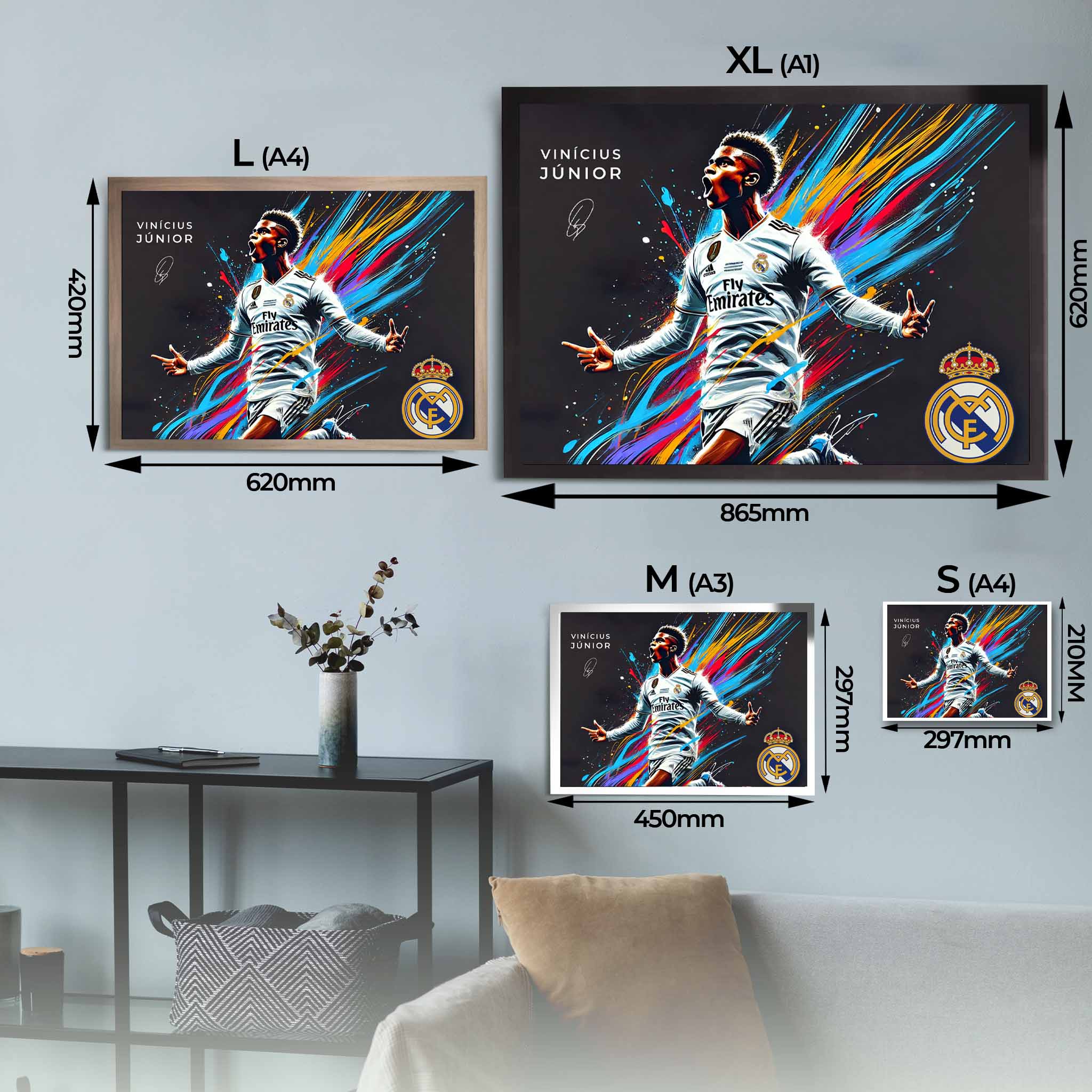 Framed Vinicius Junior Real Madrid Art Sizing Guide.