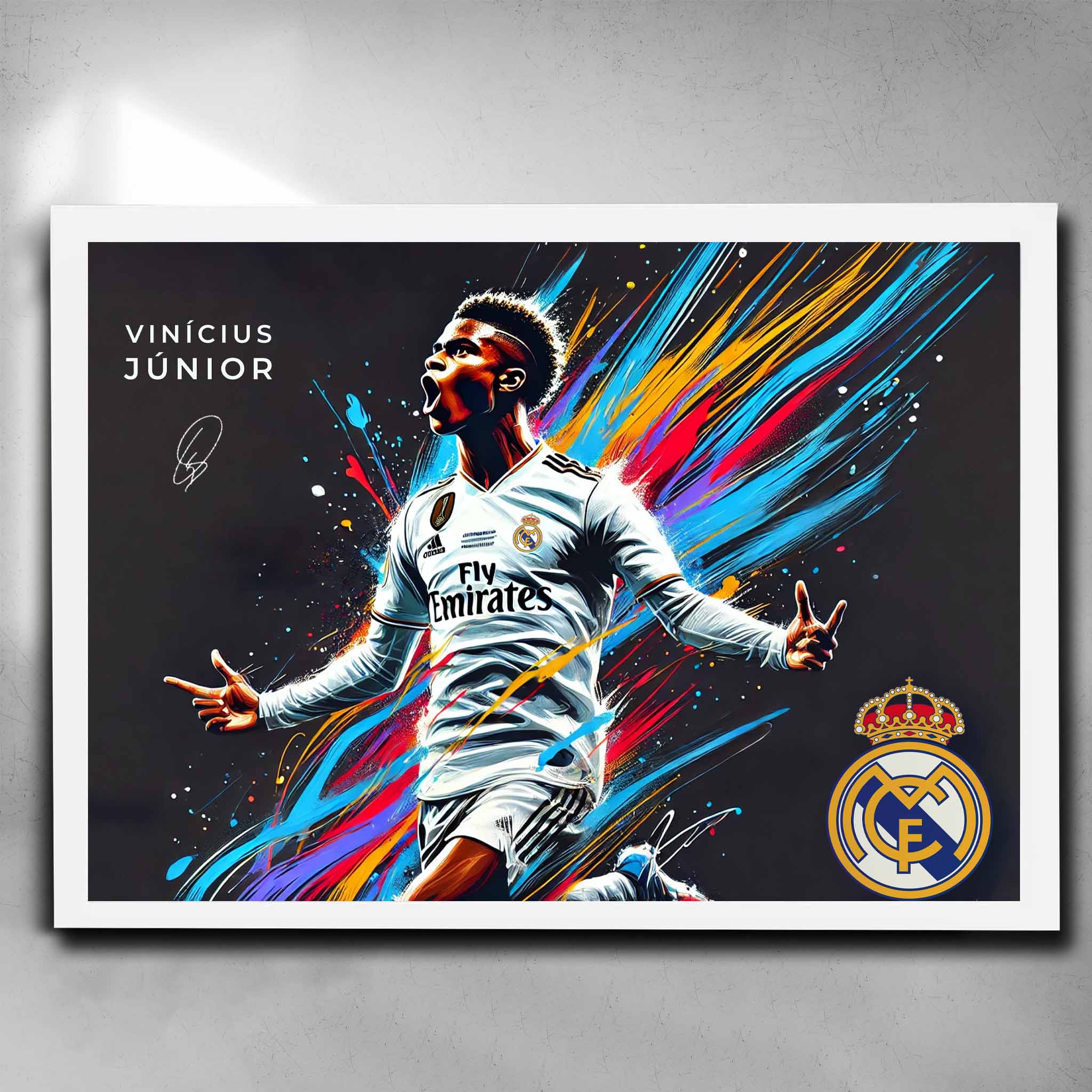 White framed Vinicius Junior Real Madrid Art by Sports Cave.