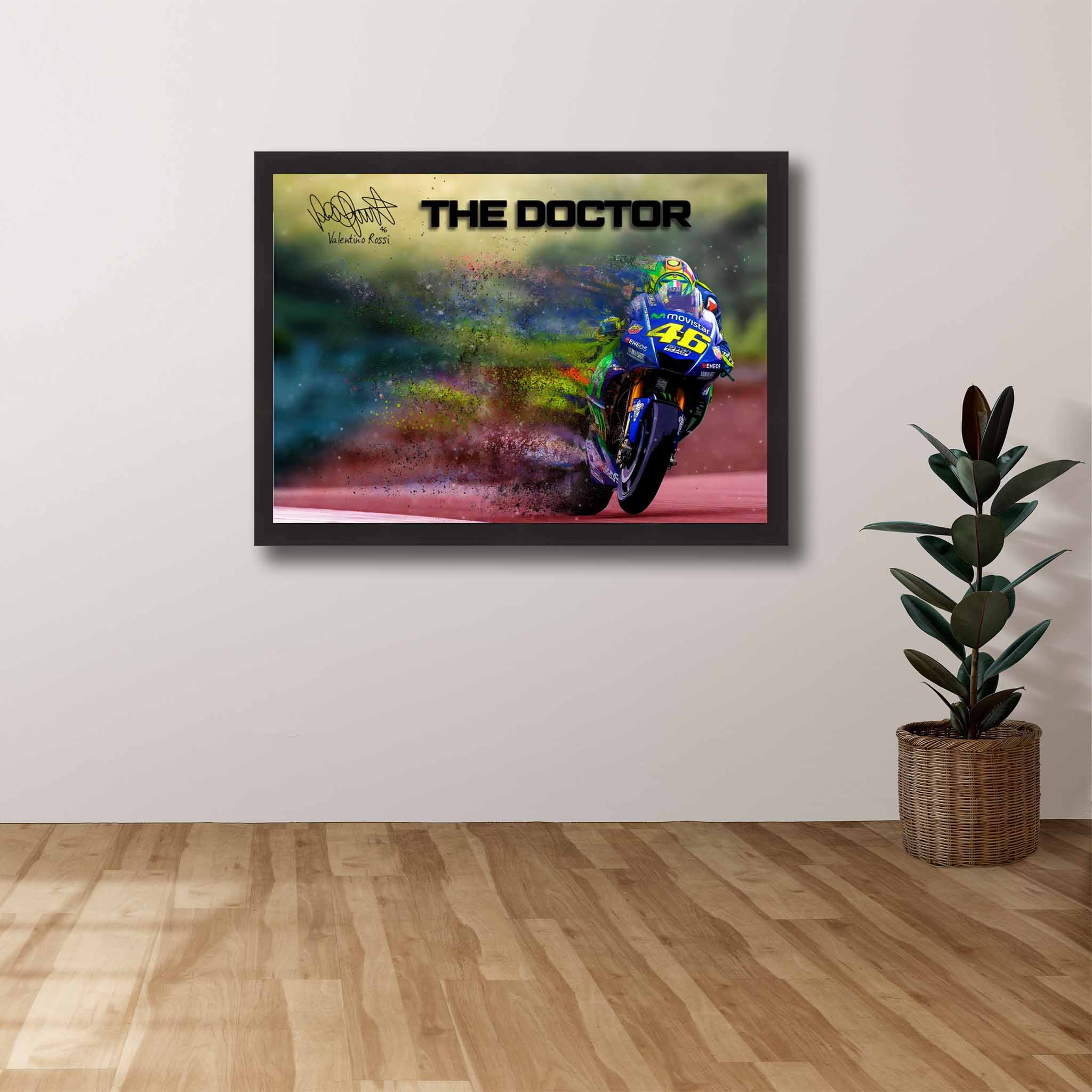 Devoted Moto Gp fan's tribute: Valentino Rossi framed art proudly displayed on the wall.