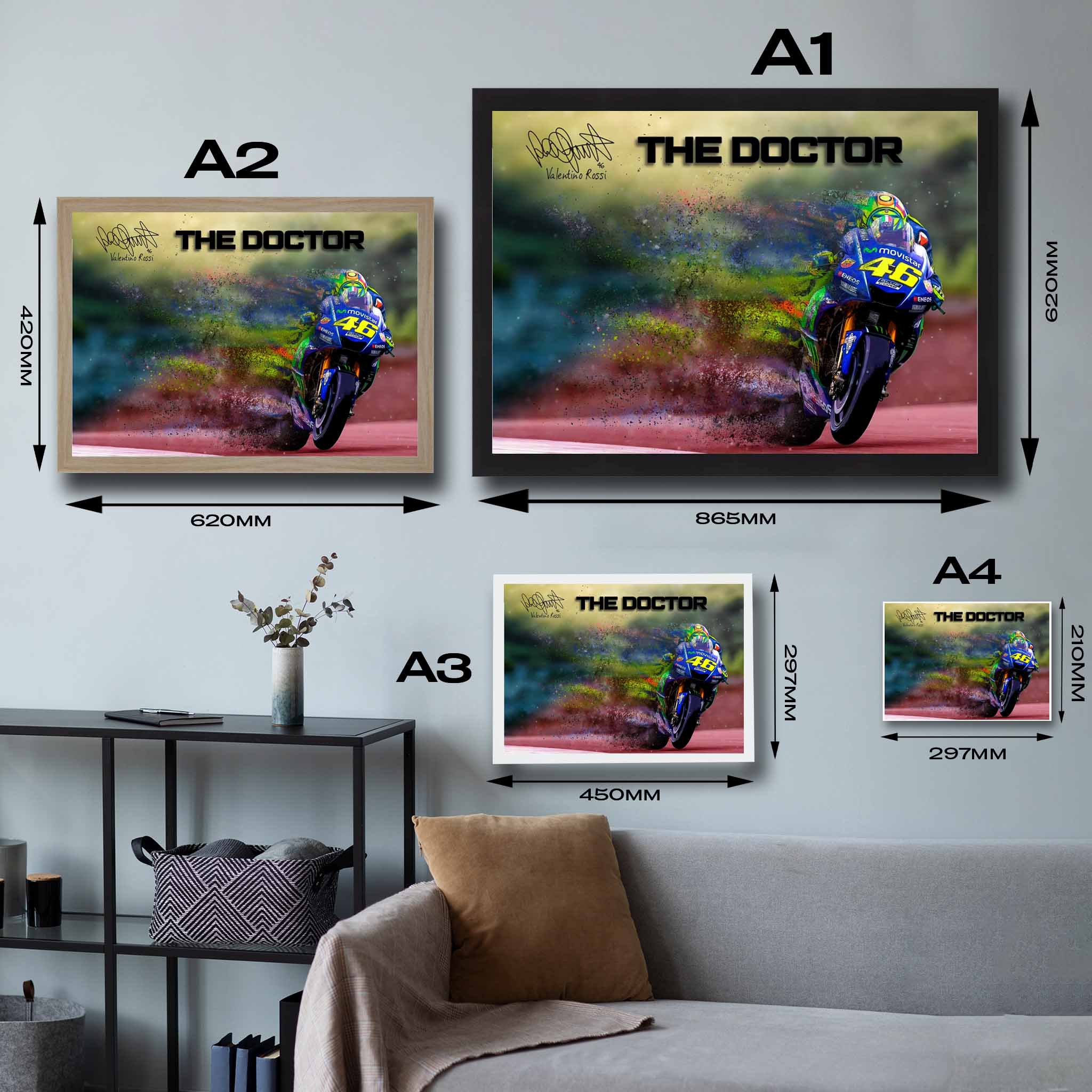 Visual representation of Valentino Rossi framed art size options, ranging from A4 to A2, for selecting the right size for your space.