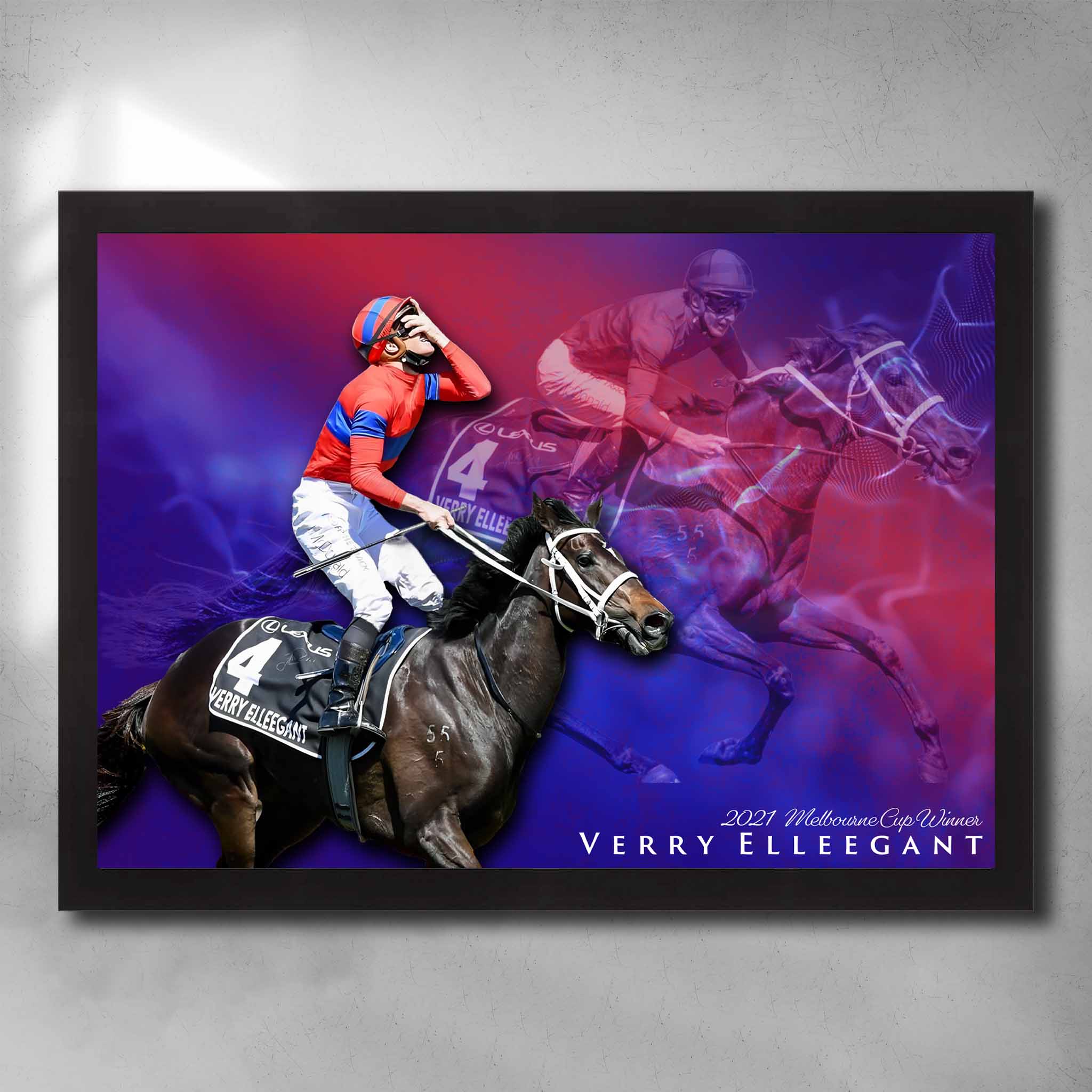 Black framed horse racing art by Sports Cave, featuring the Melbourne Cup winner of 2022 Verry Elleegant.