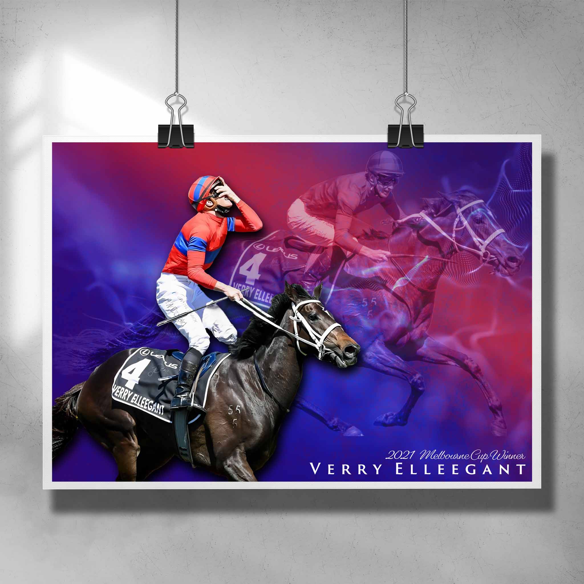 Unique horse racing poster by Sports Cave, featuring the Melbourne Cup winner of 2022 Verry Elleegant.