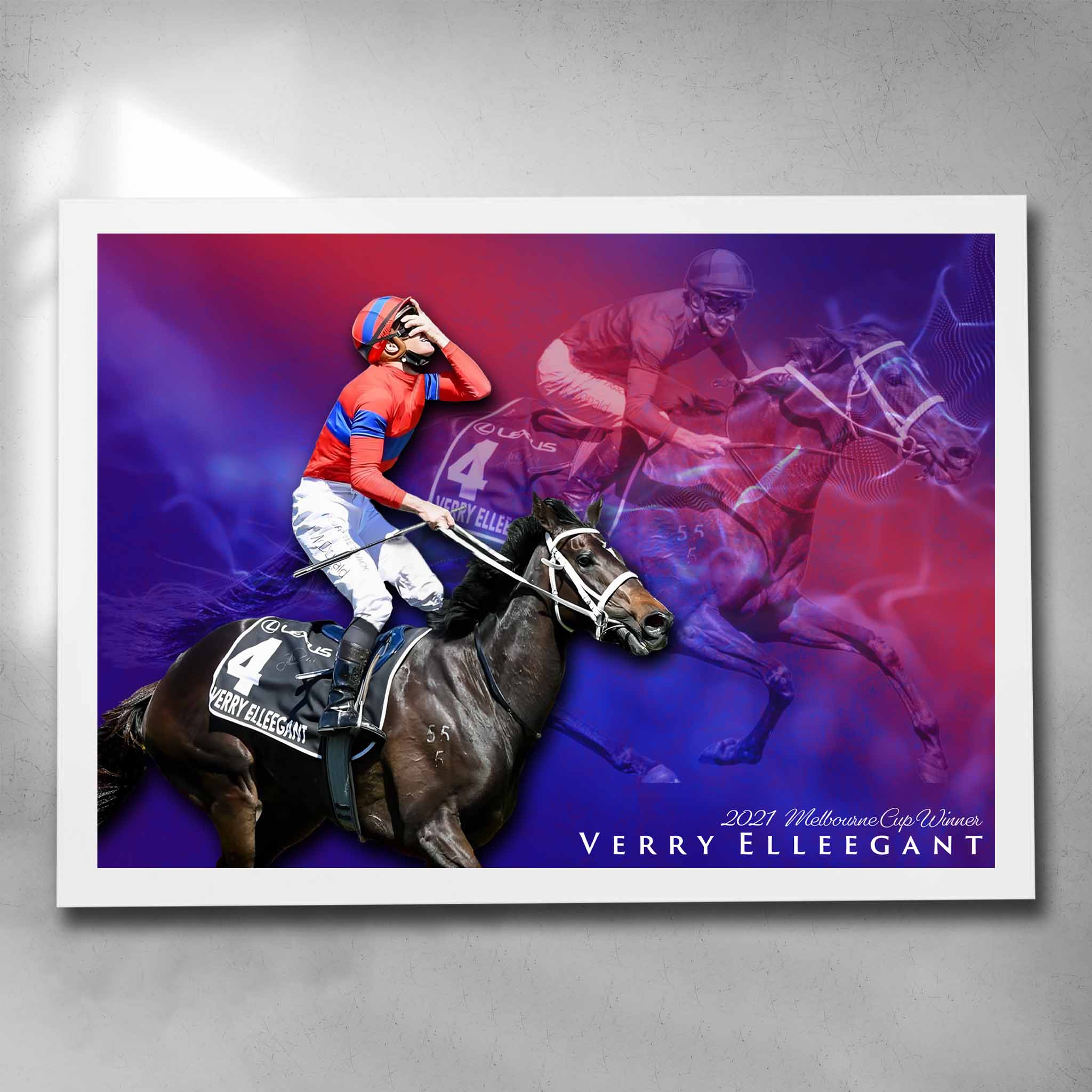 White framed horse racing art by Sports Cave, featuring the Melbourne Cup winner of 2022 Verry Elleegant.