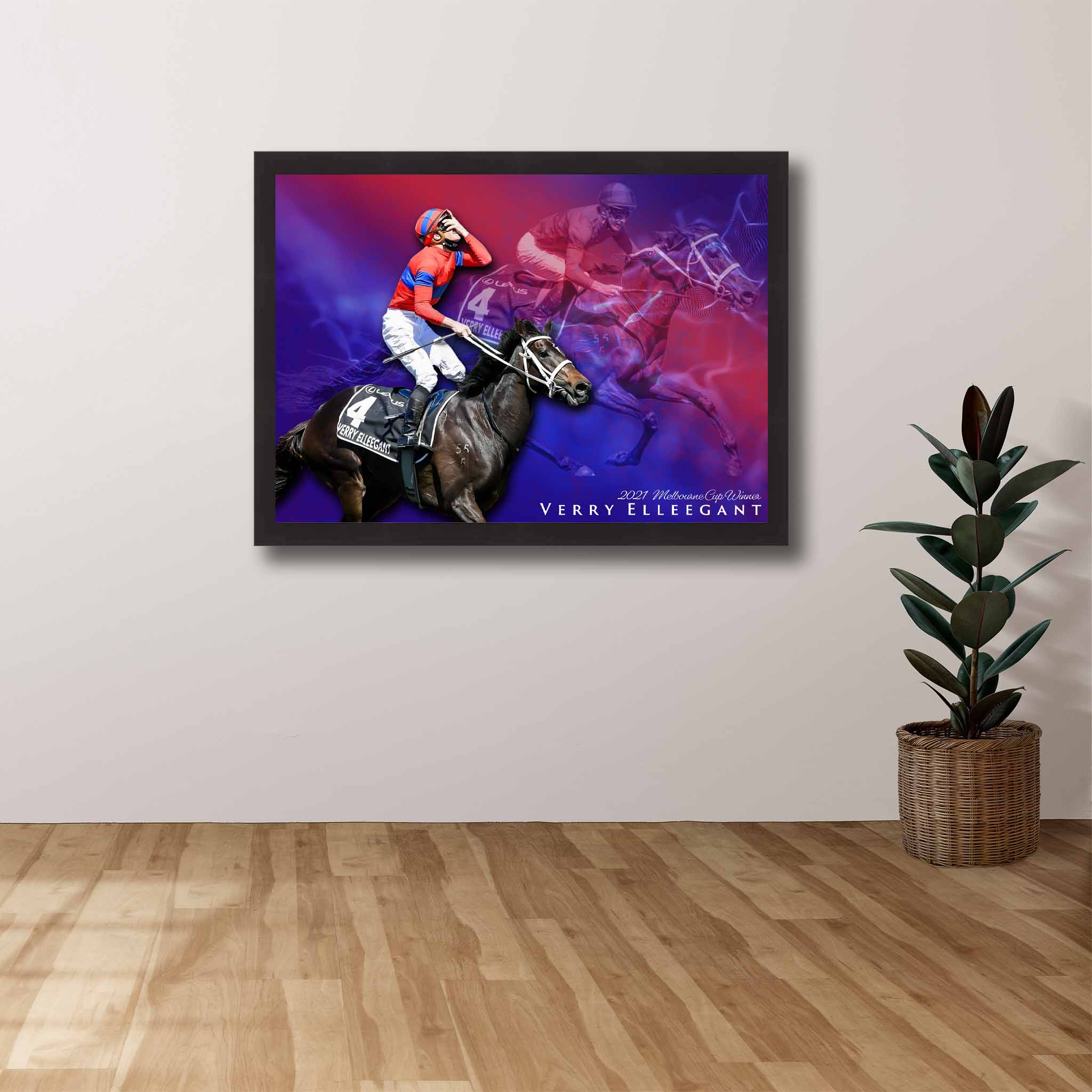 Devoted horse racing punter tribute: Melbourne Cup Winner Verry Elleegant framed art proudly displayed on the wall.