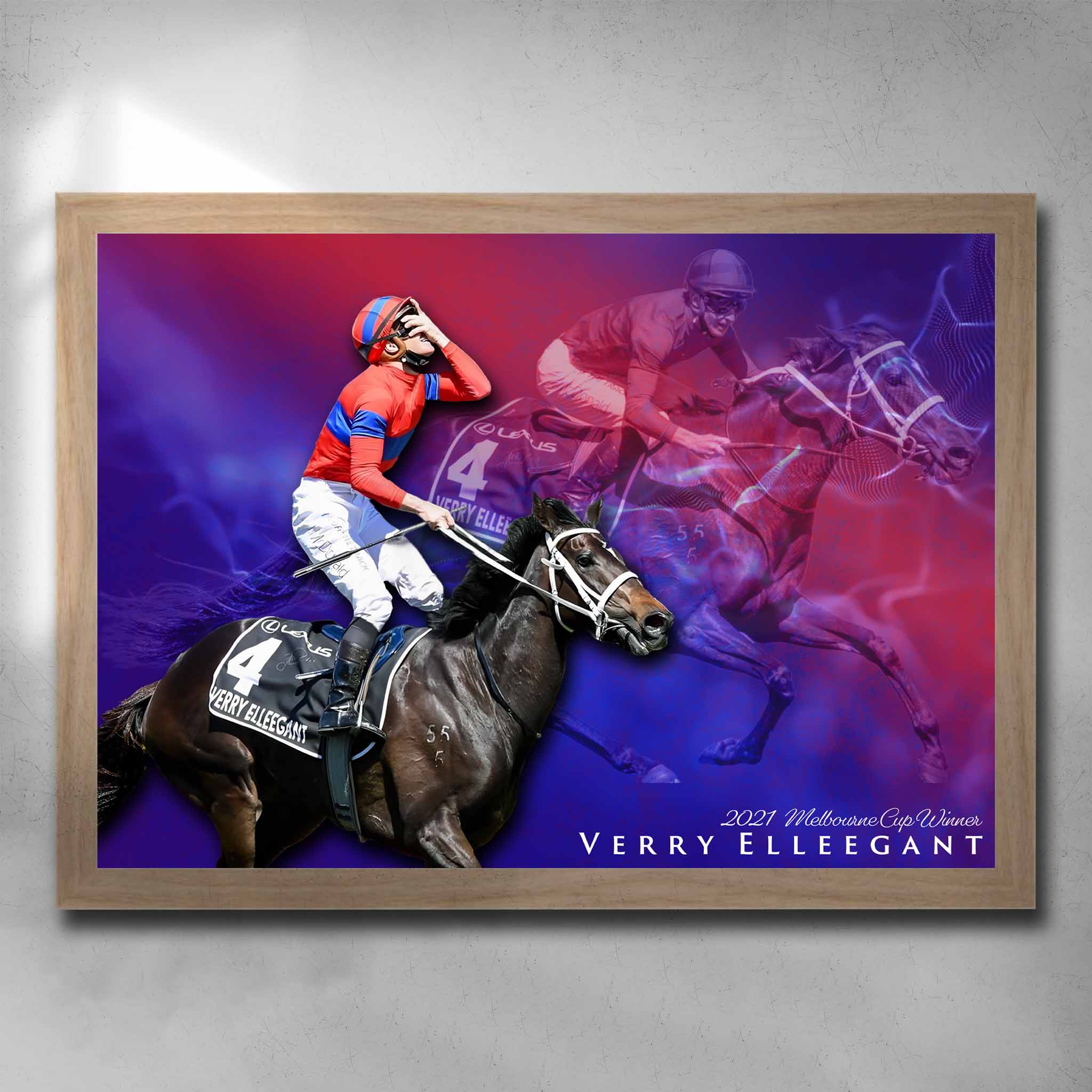 Oak framed horse racing art by Sports Cave, featuring the Melbourne Cup winner of 2022 Verry Elleegant.