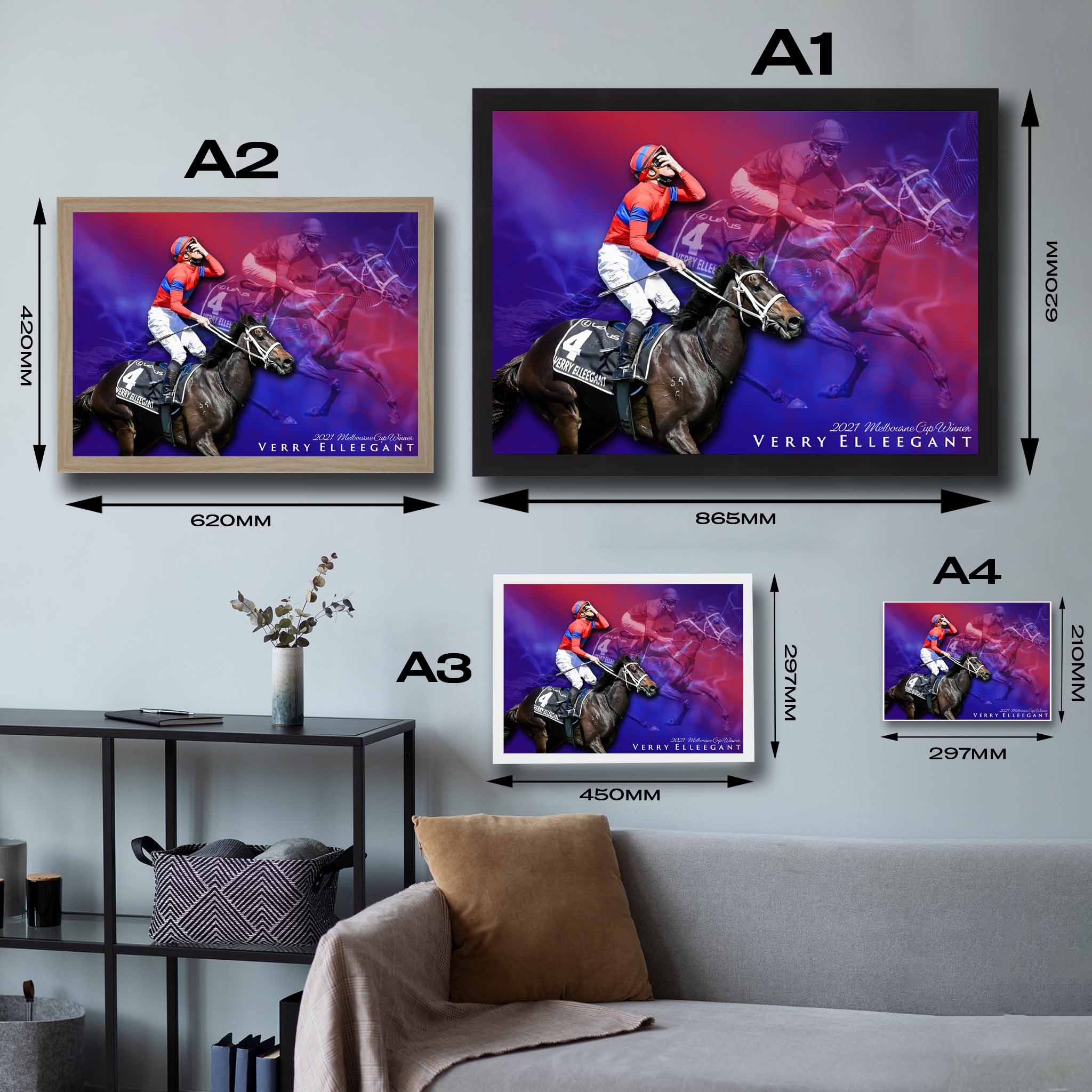 Visual representation of Verry Elleegant framed art size options, ranging from A4 to A2, for selecting the right size for your space.