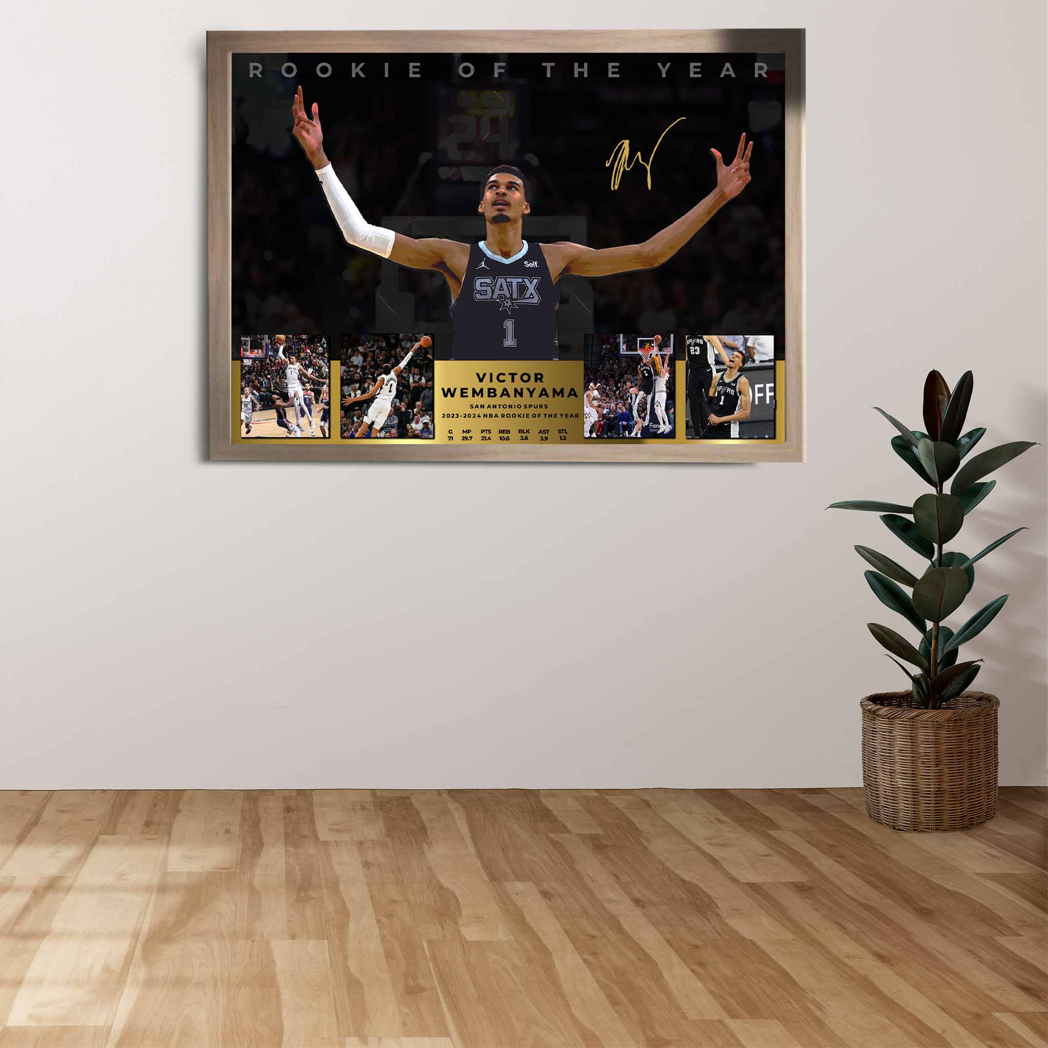 Spurs NBA Die-hard Supporters House, featuring a framed print of Victor Wembanyama showcased on the wall.