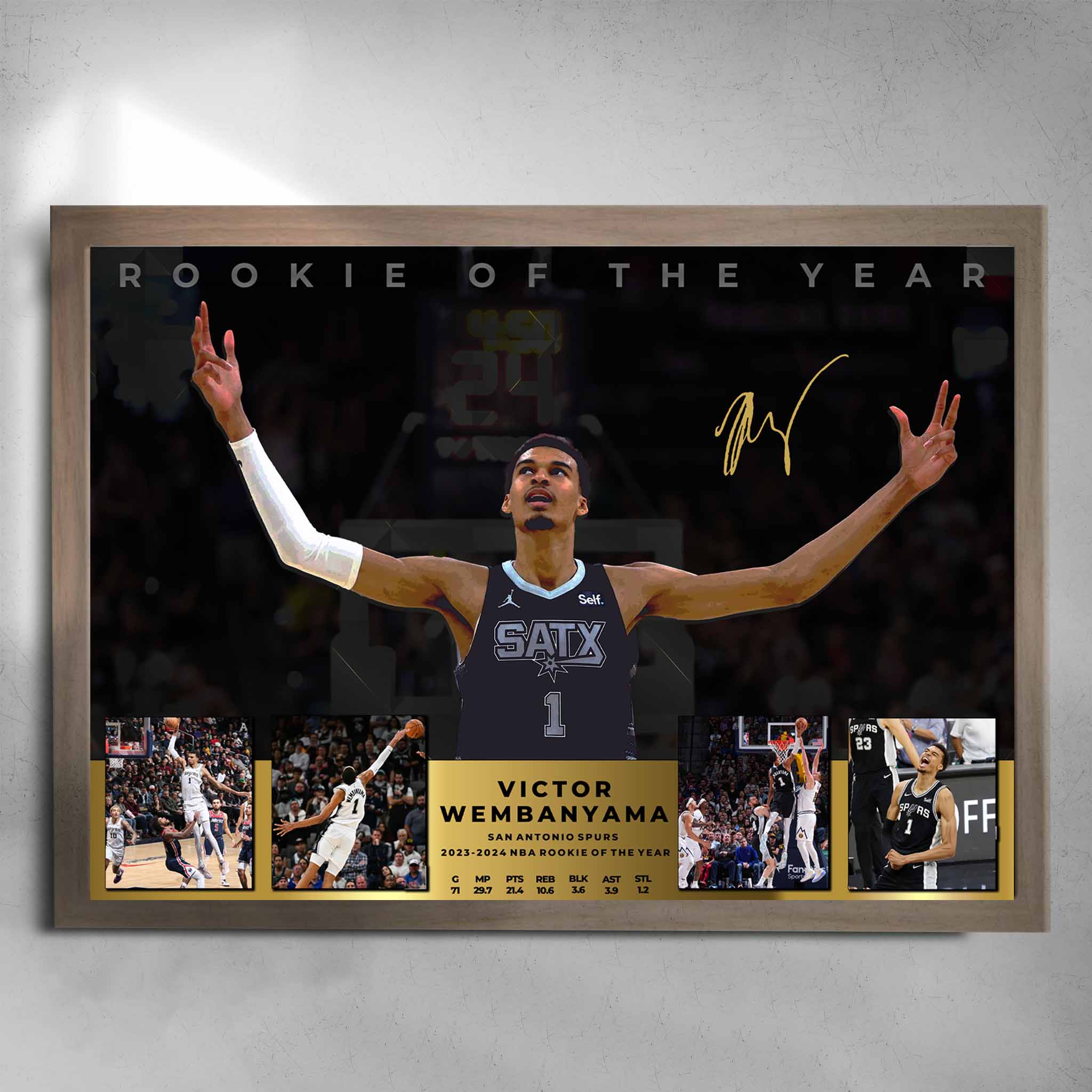 Oak framed Basketball poster by Sports Cave featuring NBA Rookie of the Year Victor Wembanyama from the Antonio Spurs.