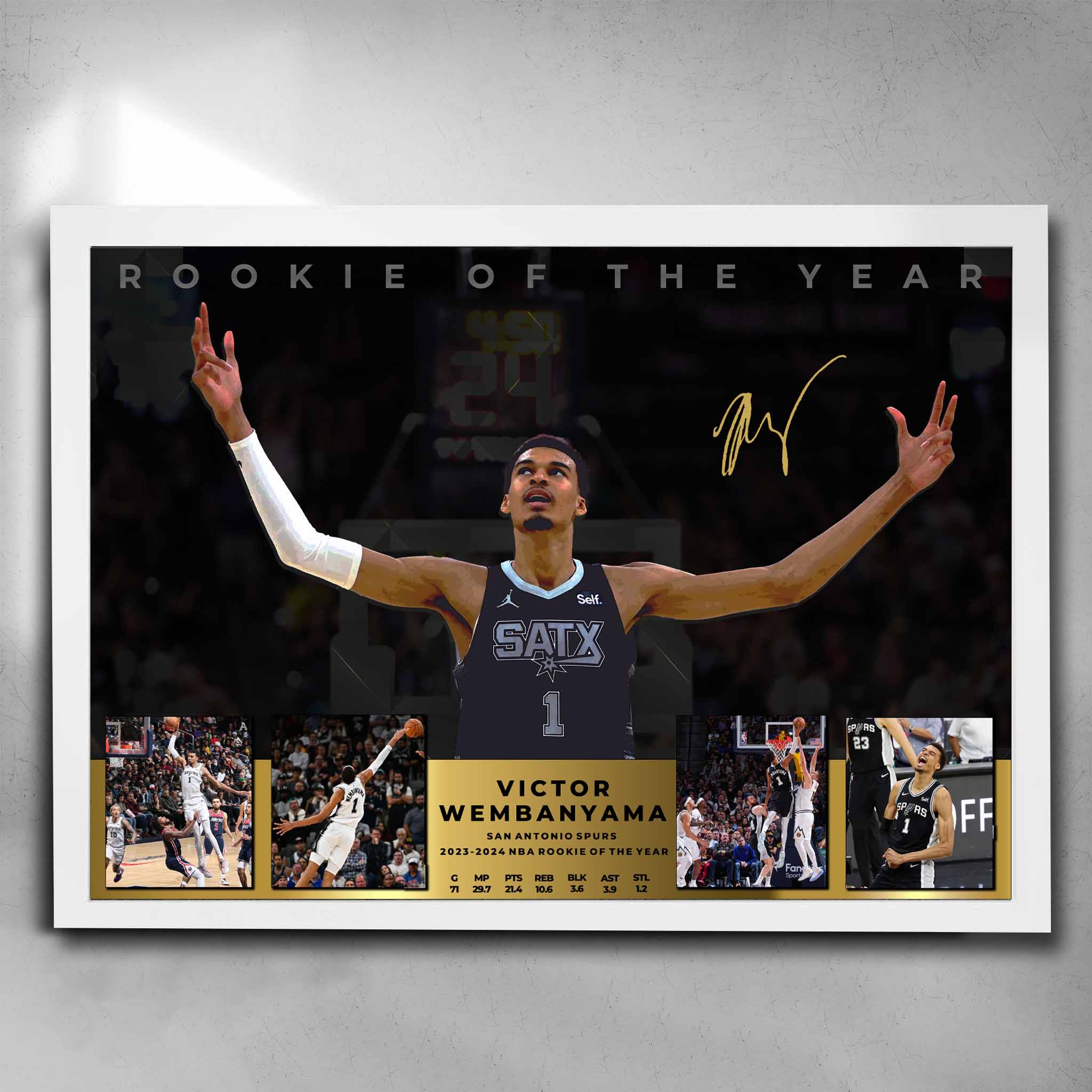 White framed Basketball poster by Sports Cave featuring NBA Rookie of the Year Victor Wembanyama from the Antonio Spurs.