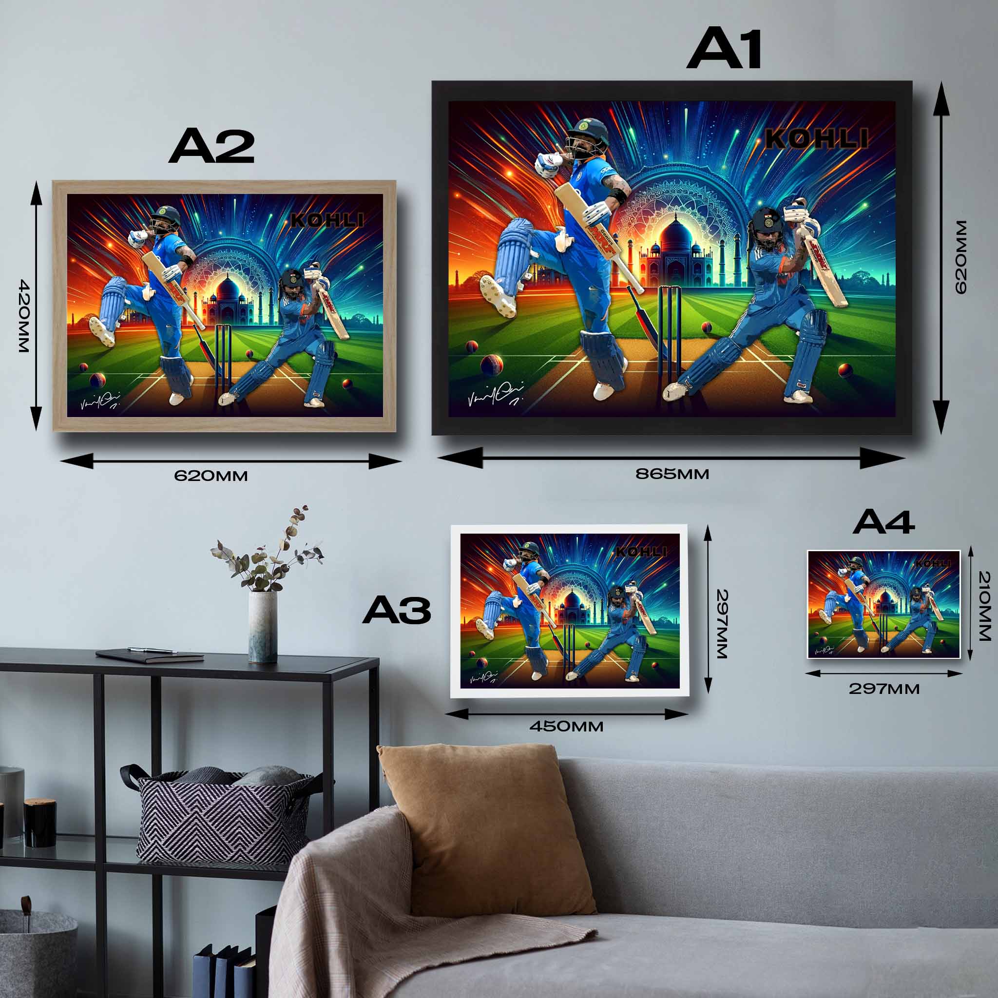 Visual representation of Virat Kohli framed art size options, ranging from A4 to A2, to assist customers in selecting the right size for their space and preferences.