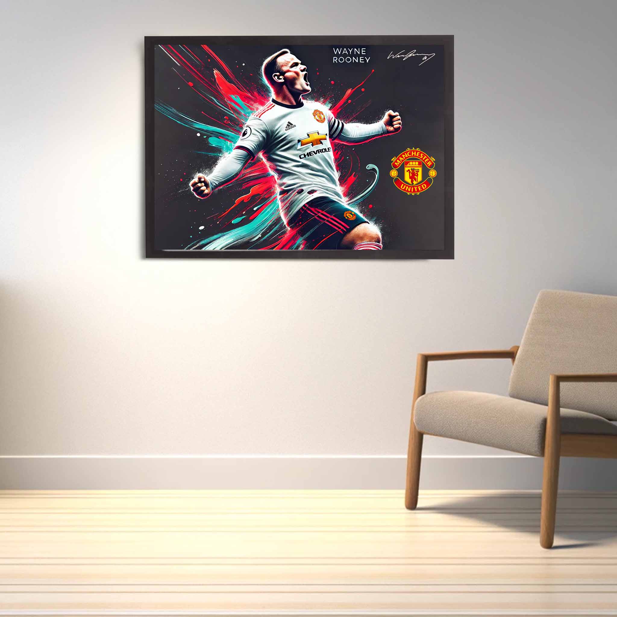 Manchester United die-hard fan with a signed framed print of Wayne Rooney on display as home decor.