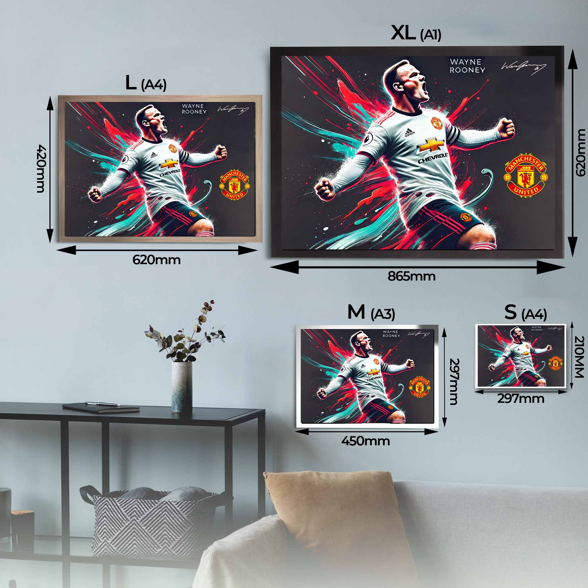 Wayne Rooney Manchester United Framed Art Sizing Guide.