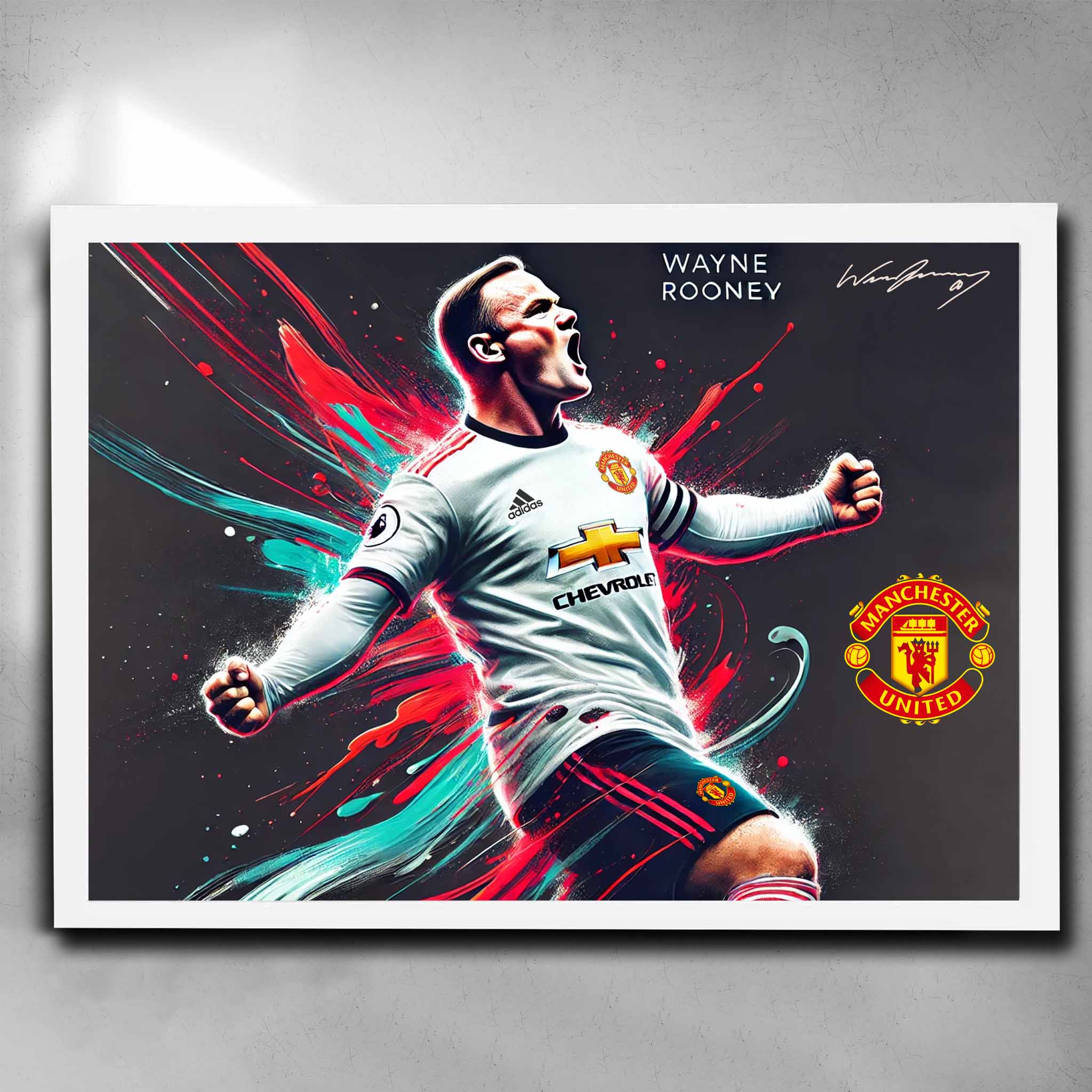 White framed Wayne Rooney Manchester United Poster by Sports Cave.