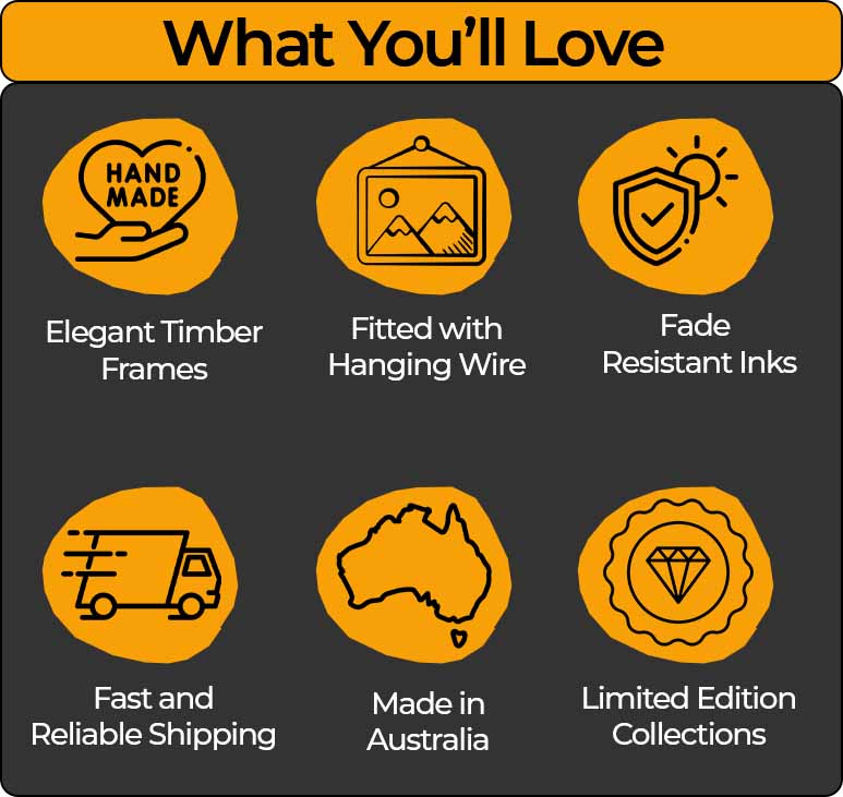 Sports Cave benefits: hand-made elegant timber frames, fade-resistant inks, fitted with hanging wire, fast and reliable shipping, made in Australia, and limited-edition collections.