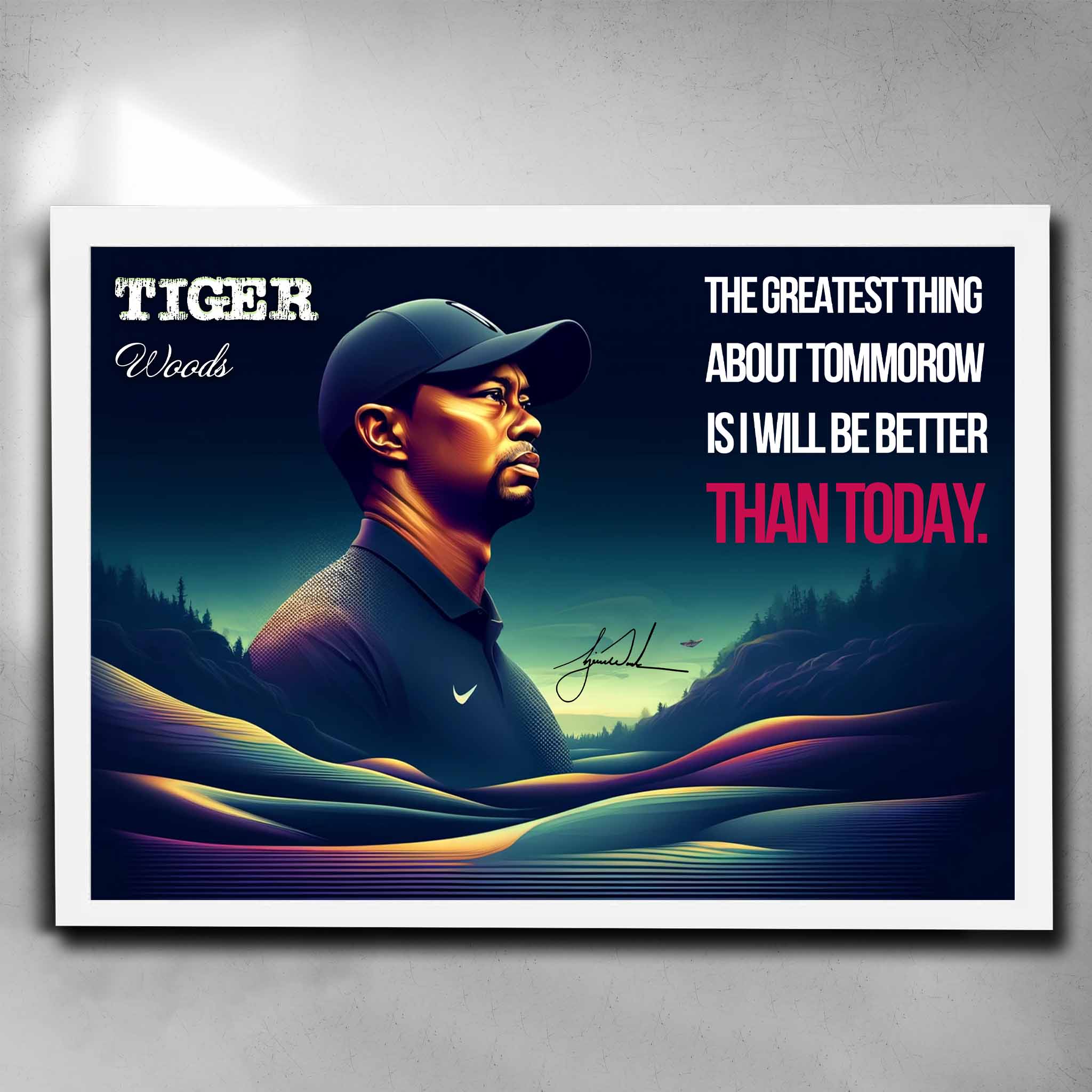 White framed golf art by Sports Cave, featuring the golf icon Tiger Woods.