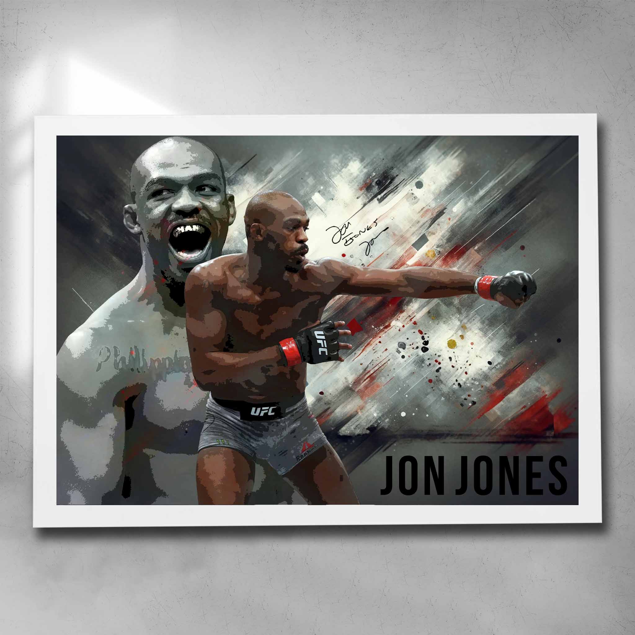 White framed UFC Art by Sports Cave featuring MMA fighter Jon Jones.