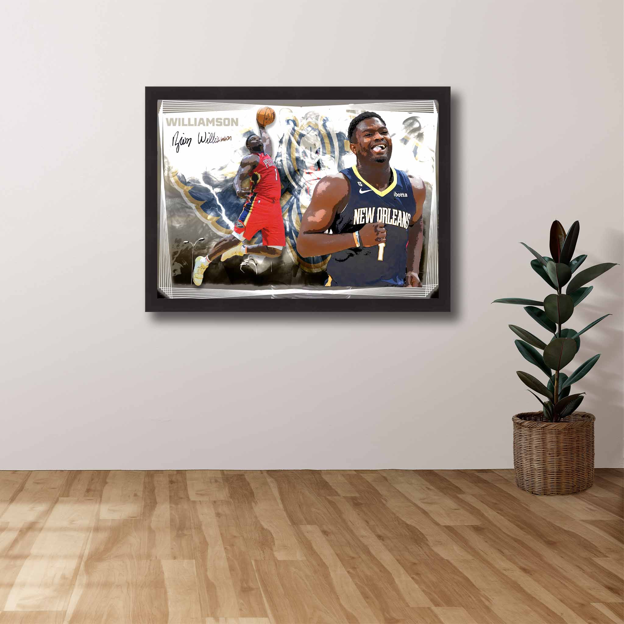 Devoted New Orleans Pelicans fan's tribute: Zion Williamson framed art proudly displayed on the wall.