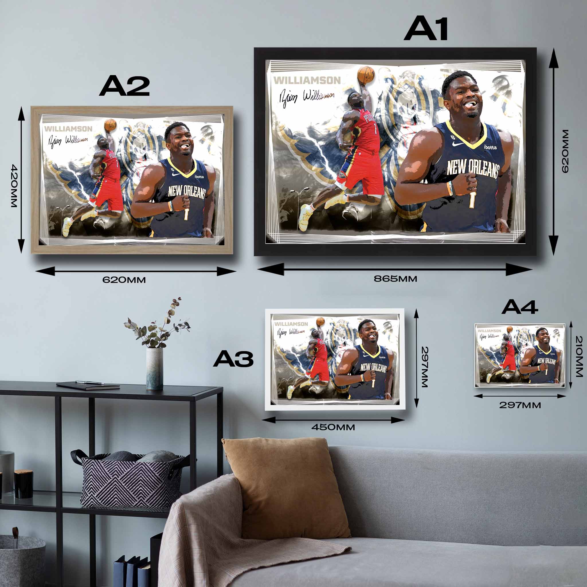 Visual representation of Zion Williamson framed art size options, ranging from A4 to A2, for selecting the right size for your space.