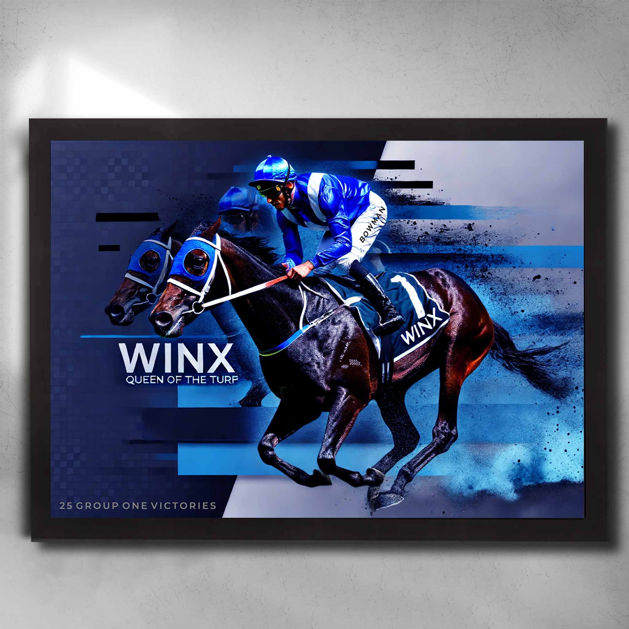 Black framed horse racing art by Sports Cave, featuring the greatest racehorse of all time, Winx - Queen of the turf.