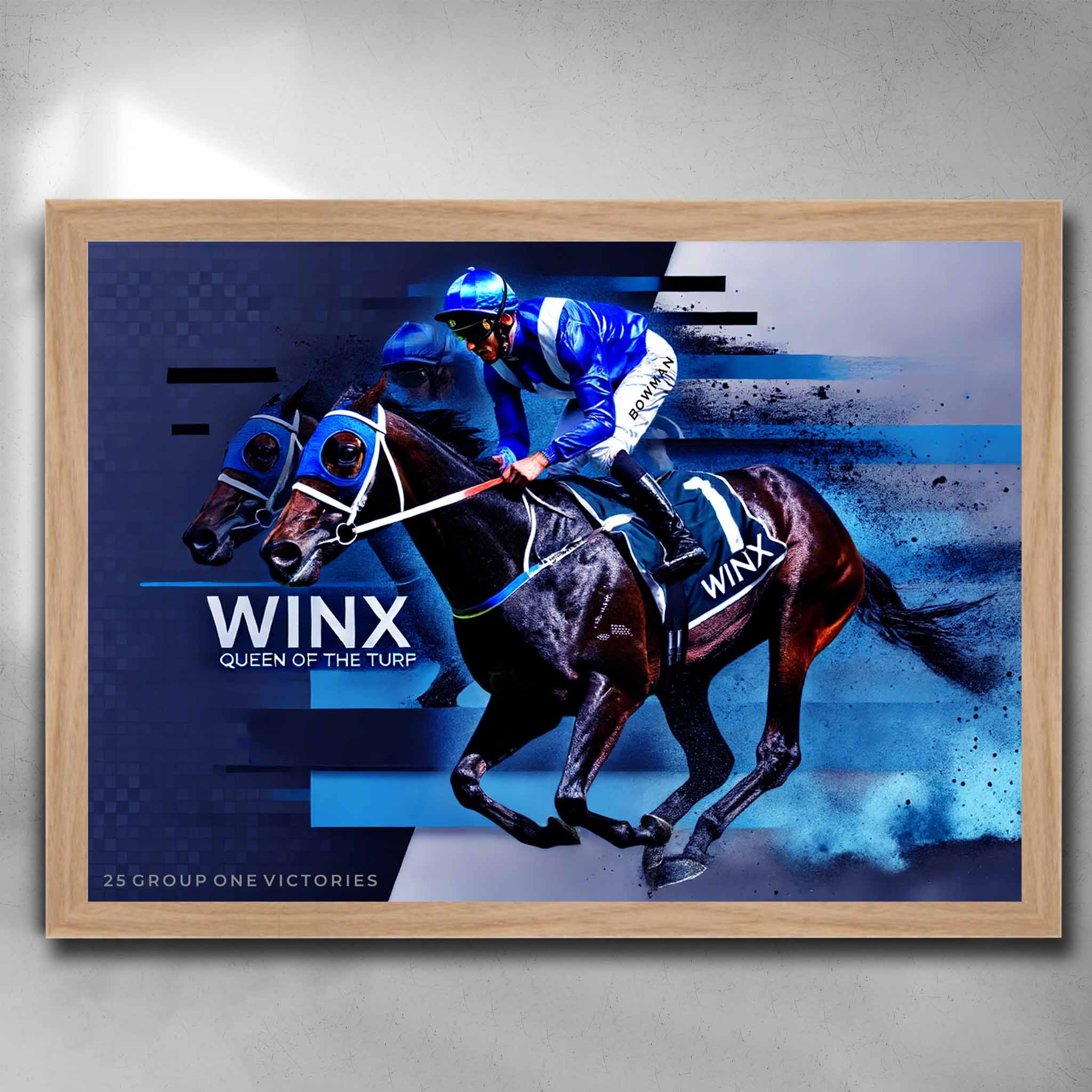 Oak framed horse racing art by Sports Cave, featuring the greatest racehorse of all time, Winx - Queen of the turf.