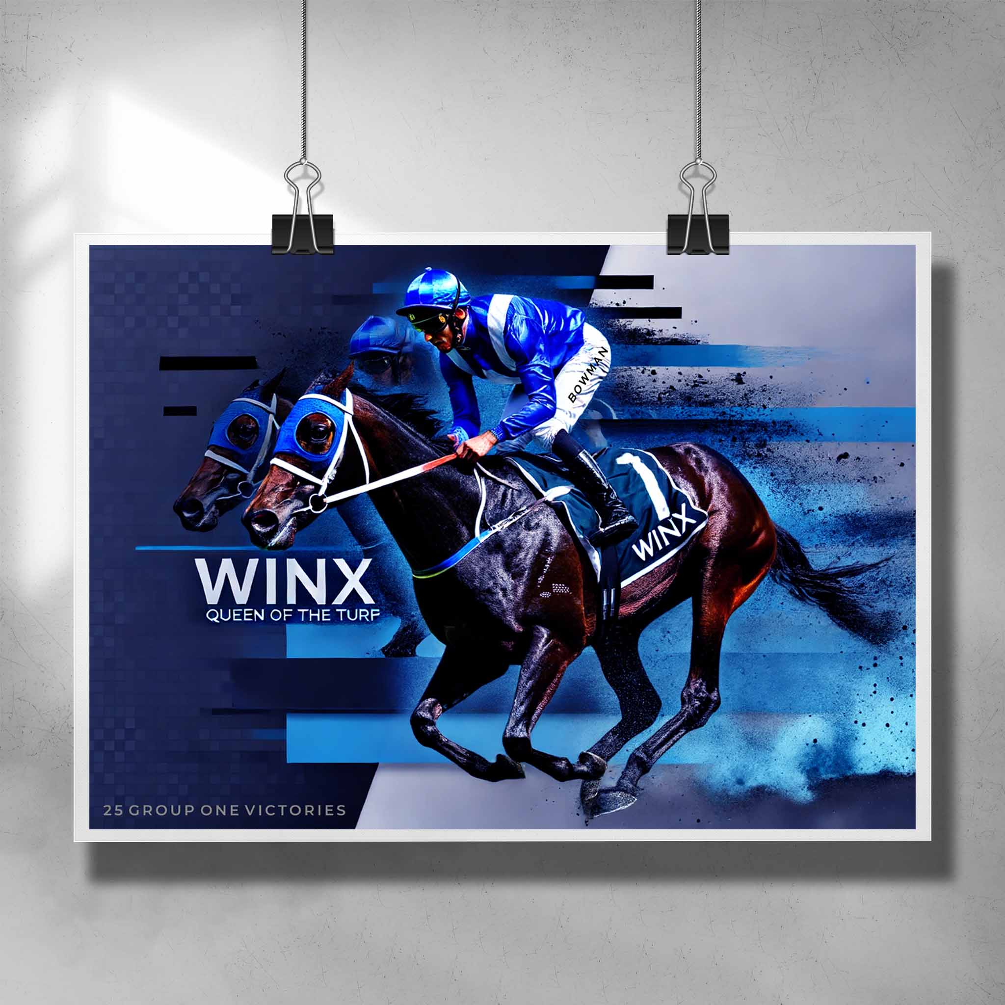 Unique horse racing poster by Sports Cave, featuring the greatest racehorse of all time, Winx - Queen of the turf.