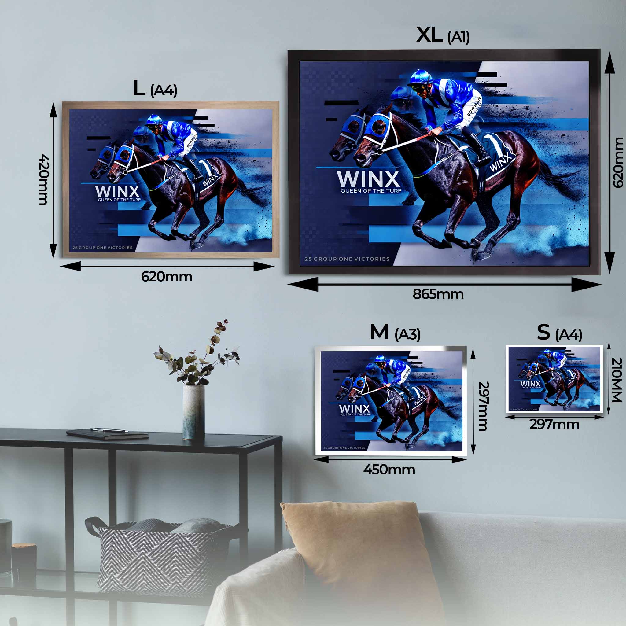 Winx Queen of the turf framed art sizing guide.