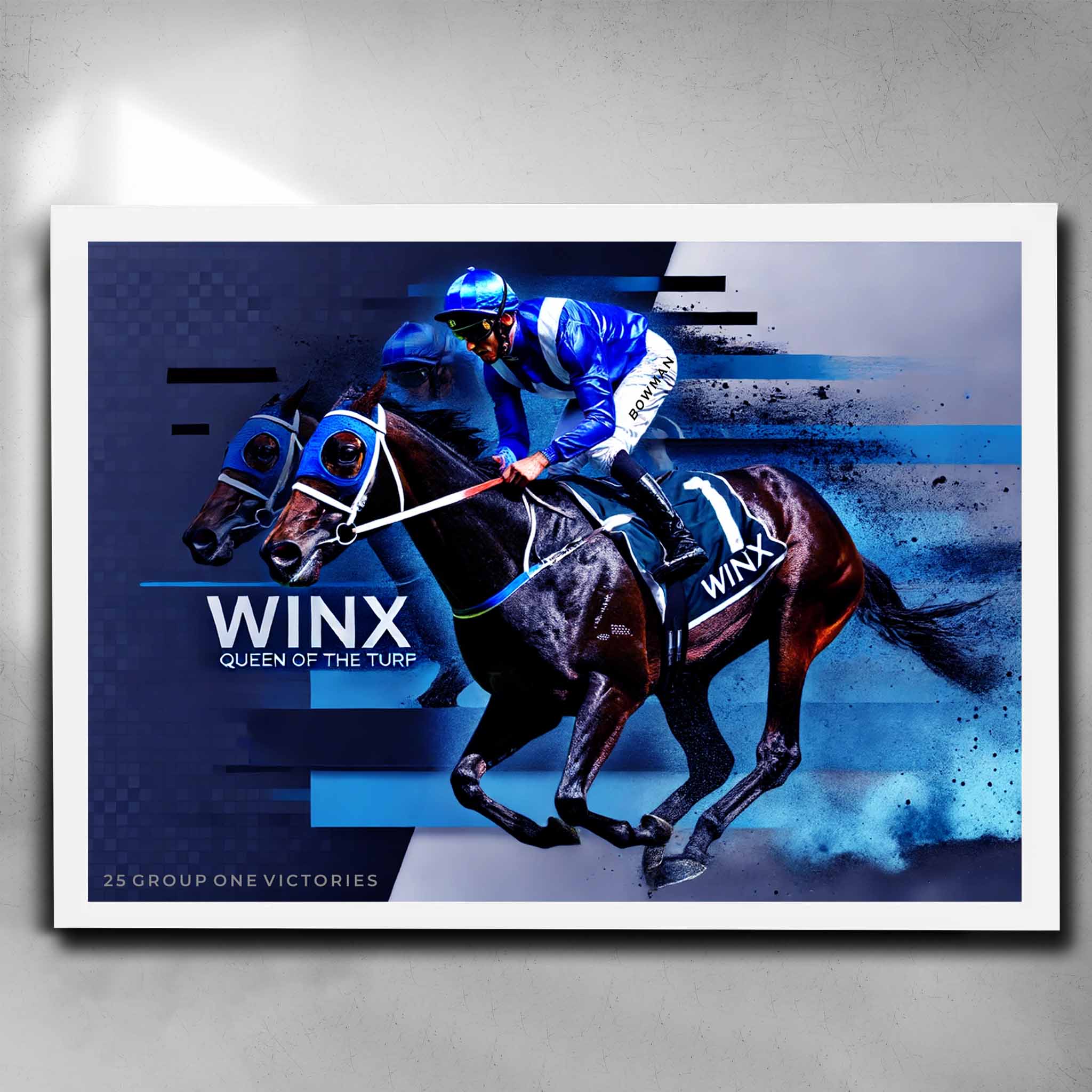 White framed horse racing art by Sports Cave, featuring the greatest racehorse of all time, Winx - Queen of the turf.