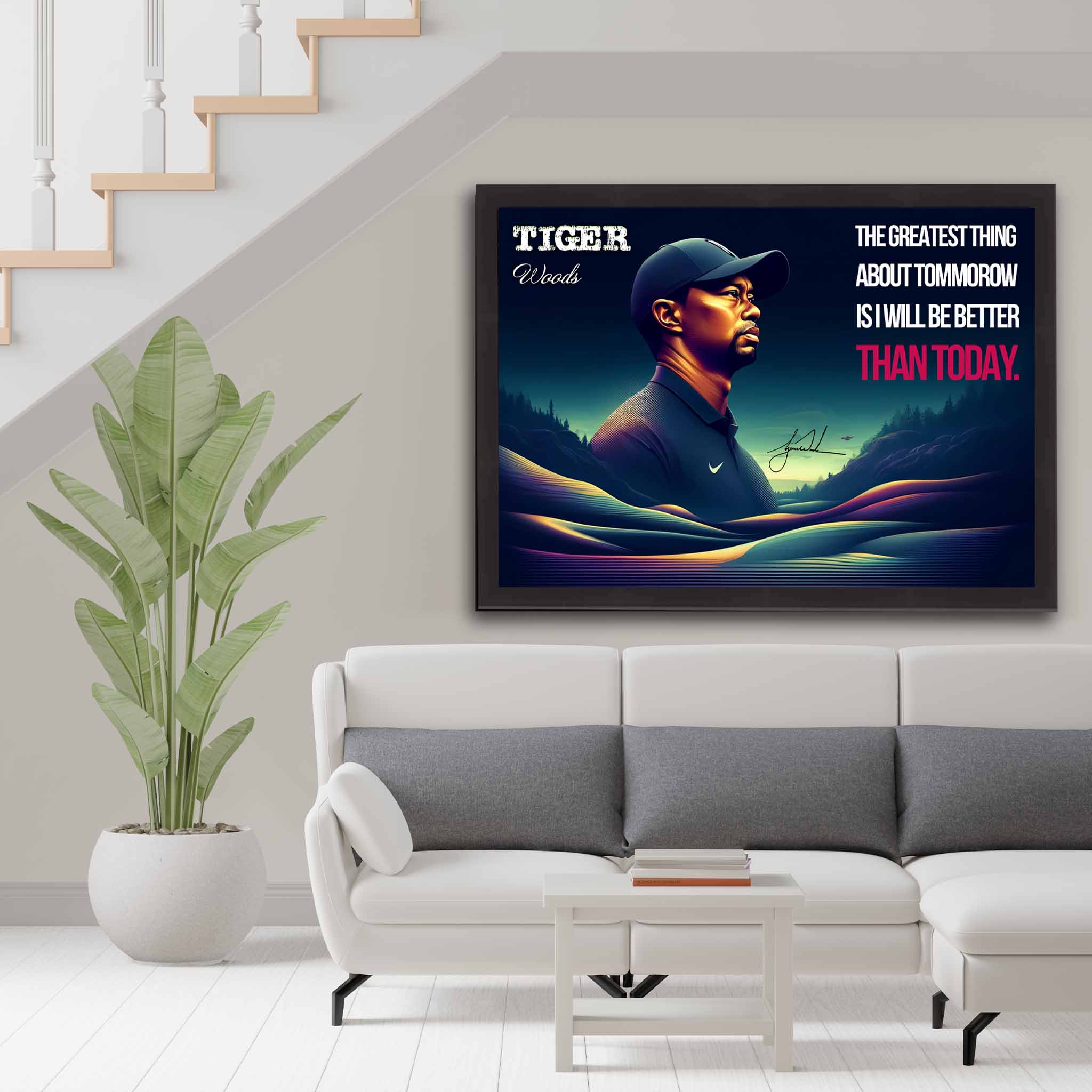 Devoted Golf fan's tribute: Tiger Woods framed art proudly displayed on the wall.