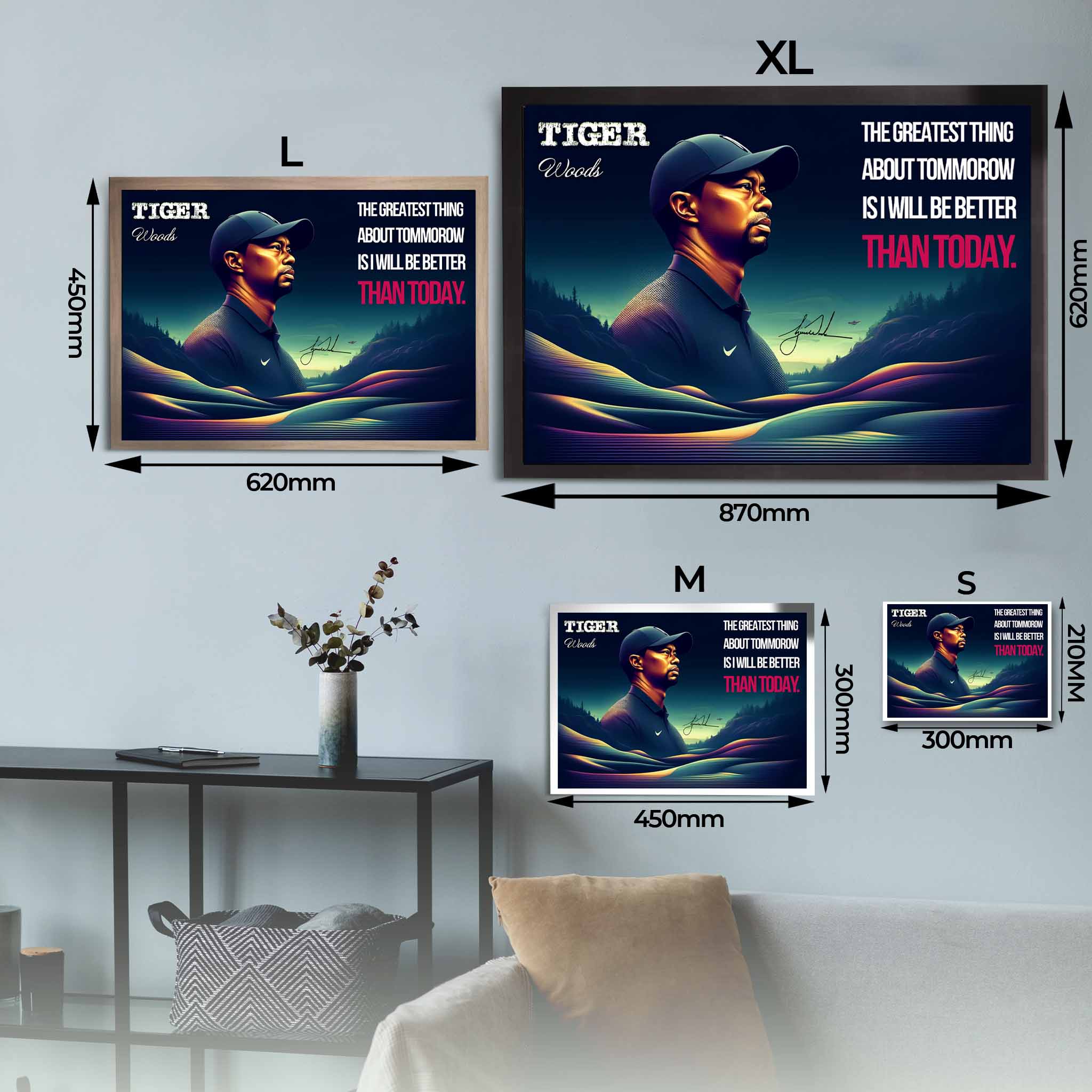 Visual representation of Tiger Woods framed art size options, ranging from A4 to A2, for selecting the right size for your space.