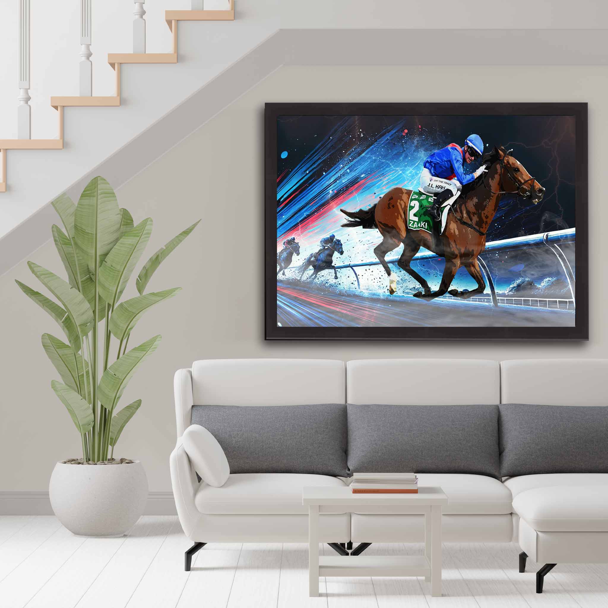 Horse Racing fan with a framed print featuring racehorse Zaaki on display as home decor.